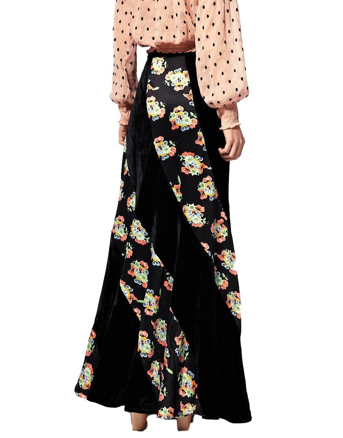 Free People Twisted Velvet & Satin Maxi Dress Skirt - Black Floral Print | Boho Chic Women's Long Dress for Weddings, Parties & Special Occasions