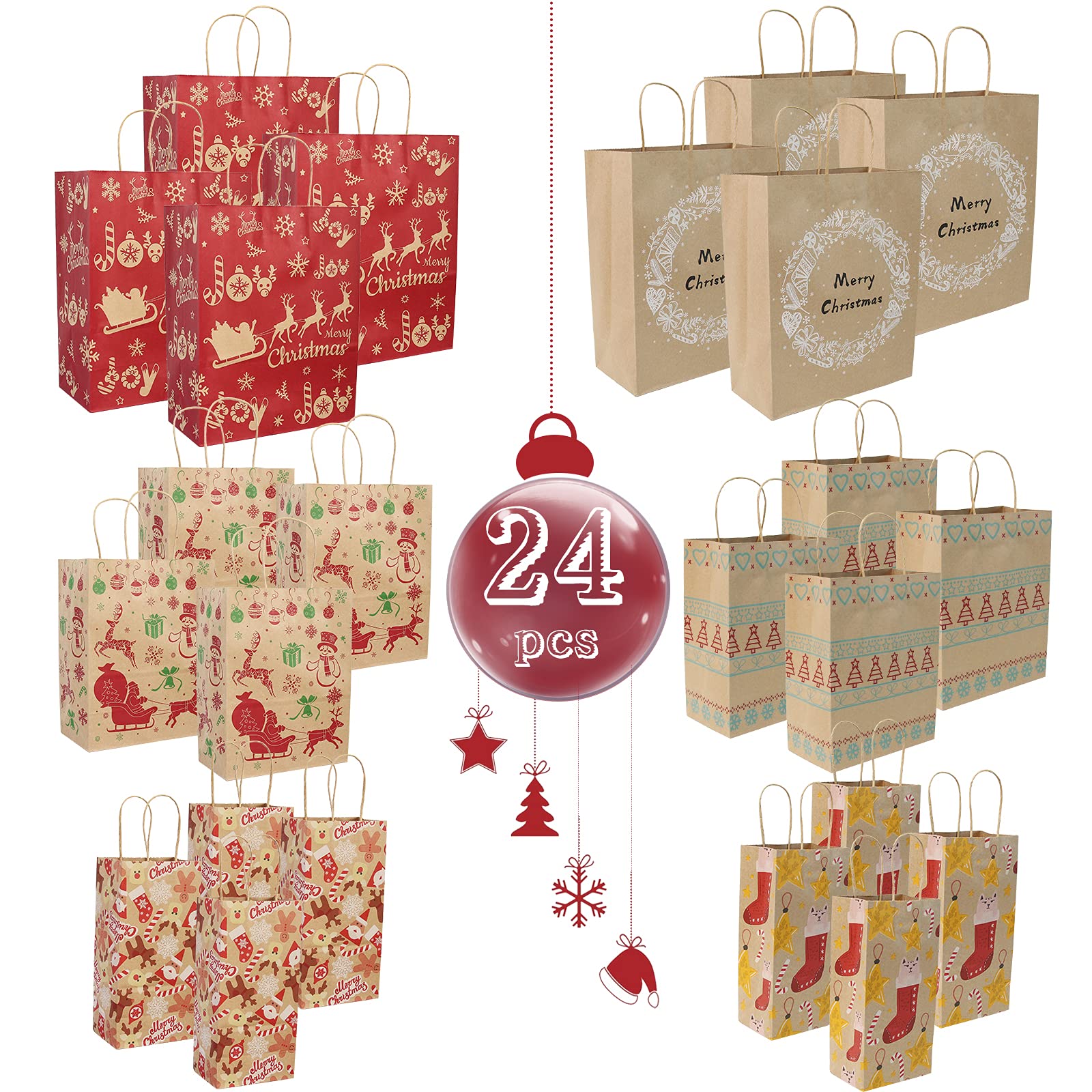 24-Pack Christmas Gift Bags with Handles - Assorted Sizes Kraft Holiday Wrapping Paper Gift Bags for Xmas Party, Birthday, Wedding & Holiday Presents (6 Large, 6 Medium, 6 Small Bulk Set) - Perfect for Gift Wrapping, Party Favors & Festive Celebrations