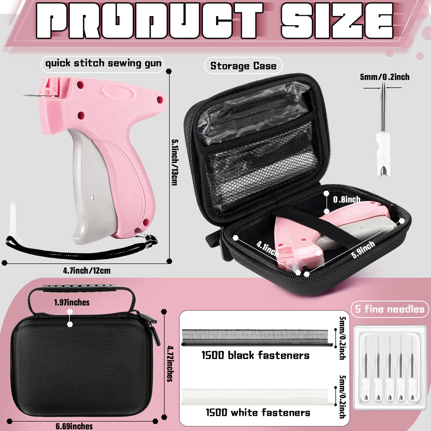 Lasnten 3007 Pcs Quick Clothing Fixer Kit with Fine Needle Stitch Gun - 5 Needles, 1500 Black & 1500 White Stitches - Sewing Hemming Gun for Home, Shops & Warehouse (Pink) - Perfect for Quick Repairs, DIY Projects & Emergency Clothing Fixes