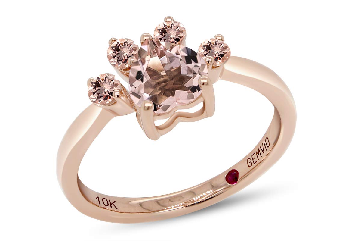 GEMVIO 8/9 Carat 6MM Heart Cut & 2.5MM Round Cut Natural Morganite Cat Paw Ring in 10K Solid Gold - Women's Promise, Anniversary & Wedding Jewelry Gift (0.90 Cttw) - Perfect for Valentine's Day, Engagement Proposal & Romantic Occasions