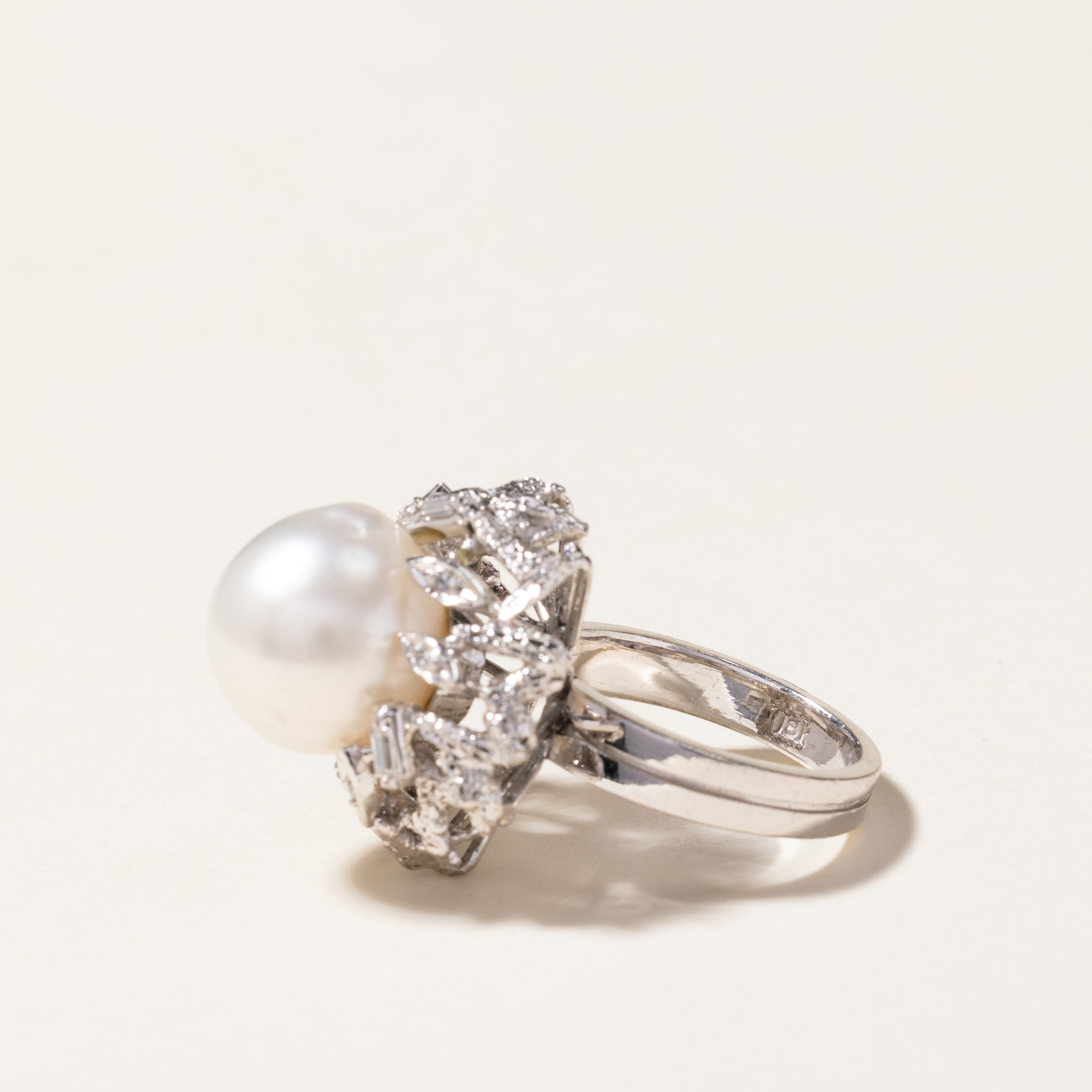 Elegant Pearl & Diamond Cocktail Ring - 11.60mm Round White Pearl with 0.09ctw Diamond Accents - Size 4.5 - Perfect for Evening Parties, Weddings & Special Occasions