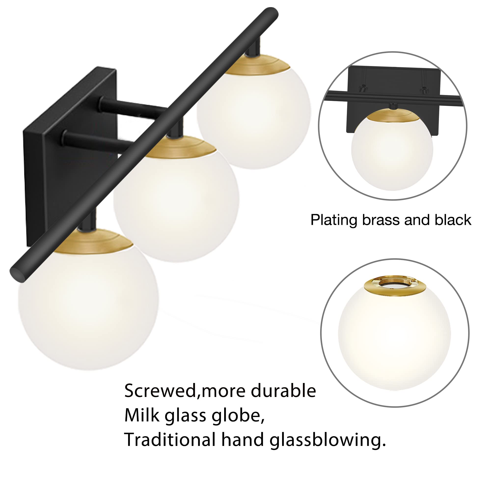 Modern Bathroom Vanity Light Fixture - 3-Light Brass & Black Wall Sconce with Milk White Glass Shades for Mirror Lighting | Perfect for Contemporary Bathrooms, Powder Rooms and Dressing Areas