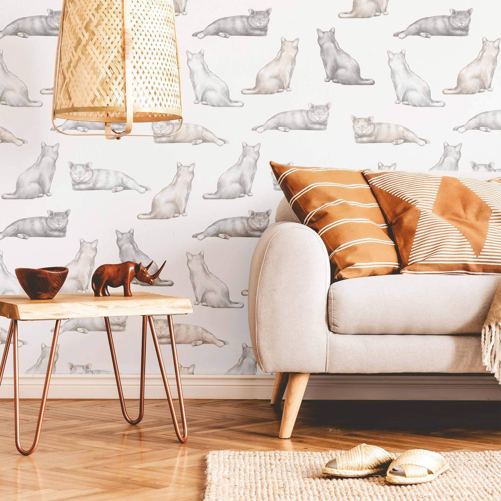 Grey Cat Peel and Stick Removable Wallpaper - Self-Adhesive Decorative Wall Covering for Bedroom, Nursery, or Office Decor