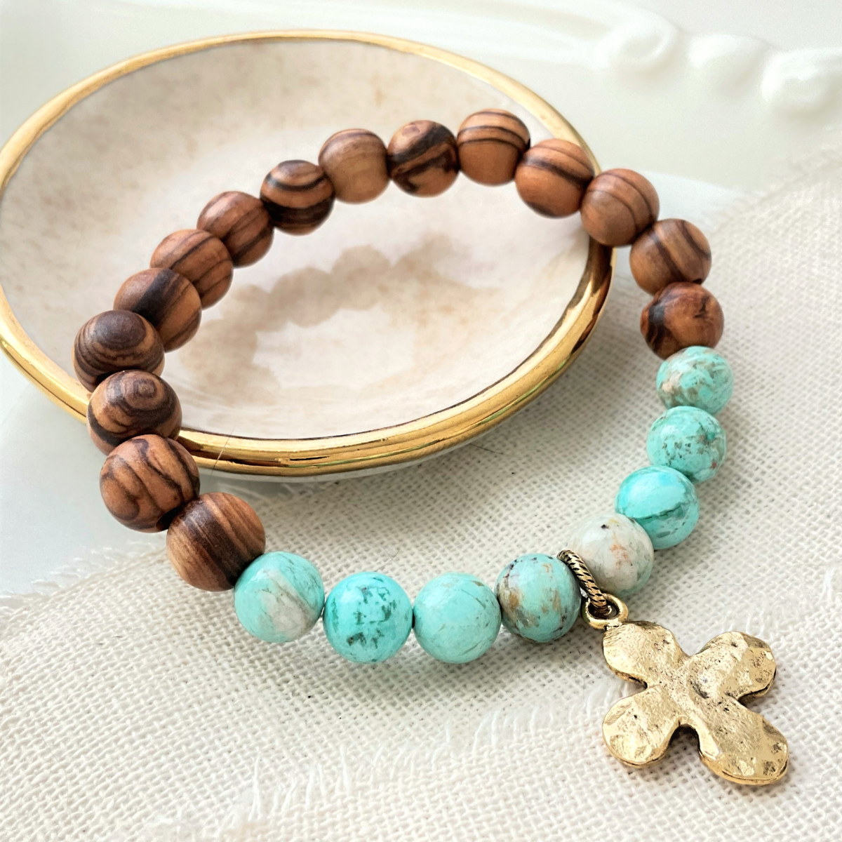 Holy Land Olive Wood & Gemstone Bead Bracelet - Handmade Spiritual Jewelry with Natural Stones | Choose Your Stone & Charm | Perfect for Meditation, Prayer & Spiritual Healing