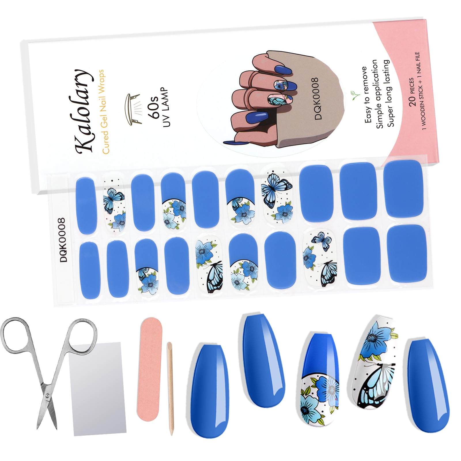 20PCS Semi-Cured Gel Nail Polish Strips - Blue Butterfly Self-Adhesive Nail Art Wraps, Waterproof DIY Nail Stickers for Women & Girls (UV/LED Light Required) | Perfect for Home Manicures, Parties, Weddings & Special Occasions