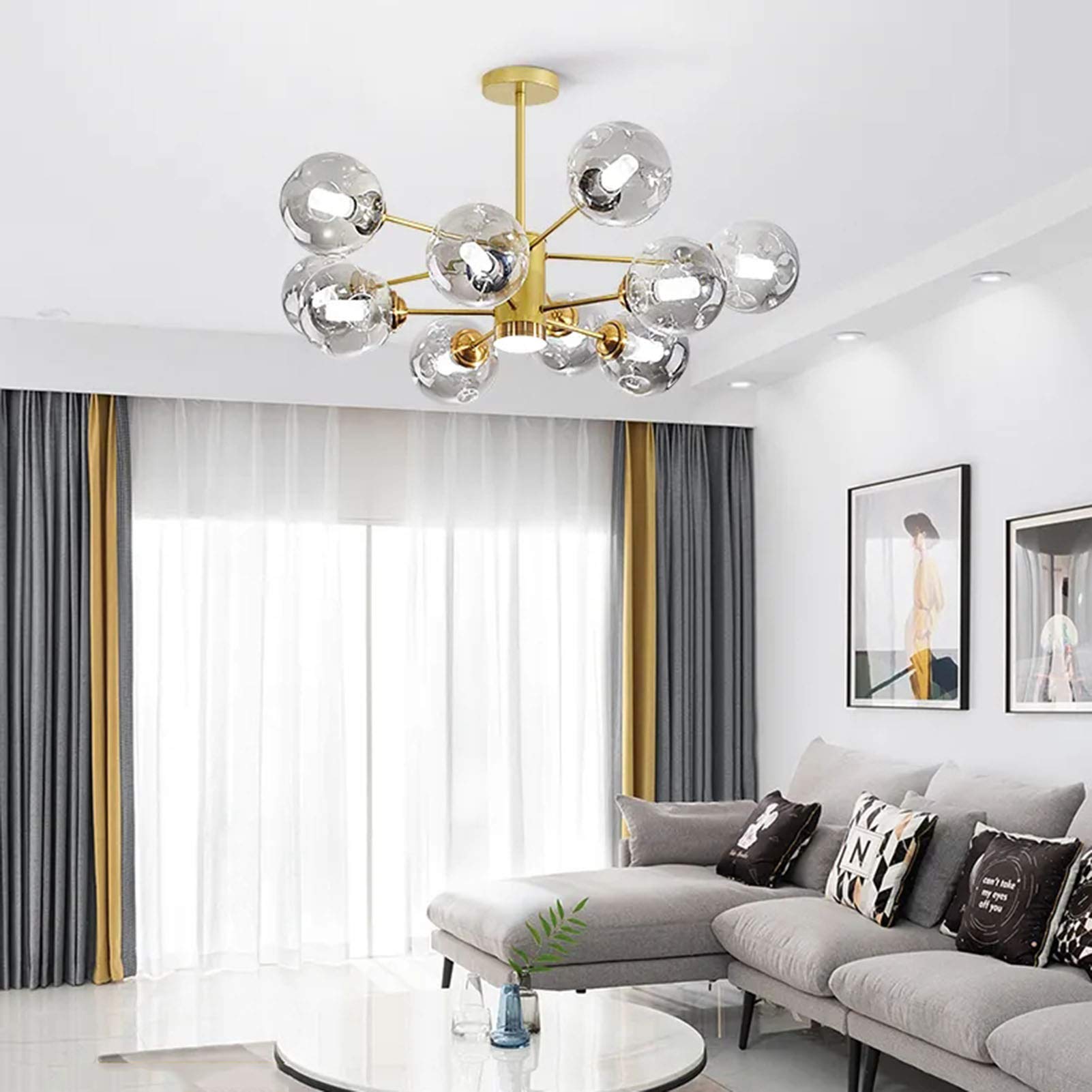 10-Lights Gold Metal Sputnik Chandelier - Modern Spherical Glass Pendant Light with Chrome Finish - Elegant Ceiling Lamp for Living Room, Hallway, Dining Room & Bedroom - Perfect for Modern Home Decor & Luxury Interior Lighting
