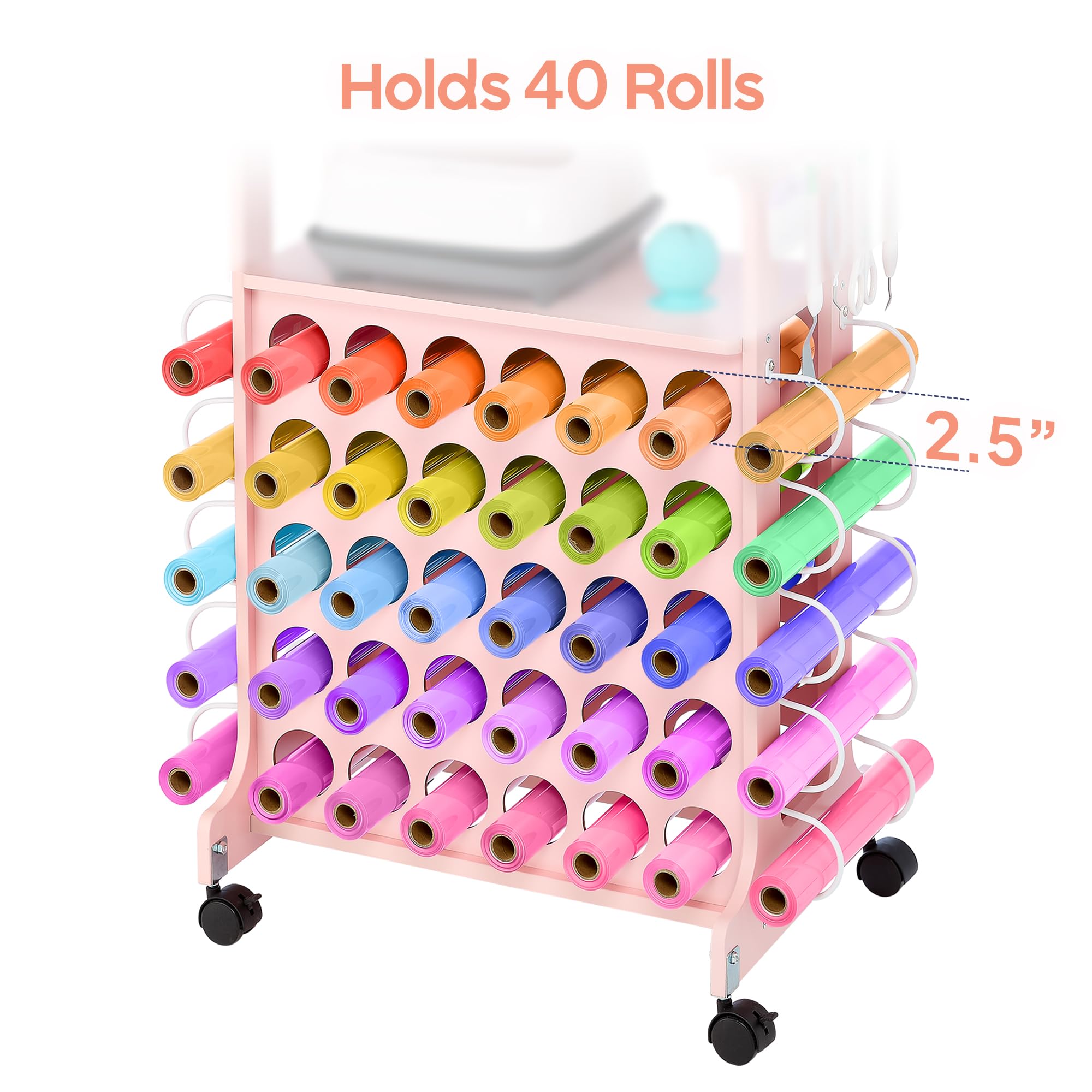 iVyne Vinyl Storage Cart - 40 Vinyl Roll Holders for Cricut Organization, Compact Craft Cart with Wheels & Tool Holders - Compatible with All Cricut Machines - Perfect for Craft Rooms, DIY Projects & Home Decor - Pink