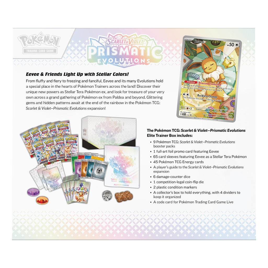 Pokemon TCG: Scarlet & Violet Prismatic Evolutions Elite Trainer Box (ETB) - 36 Packs, Sleeves & Dice | Collectible Trading Card Game for Players & Fans | Perfect for Tournaments, Gifts & Display