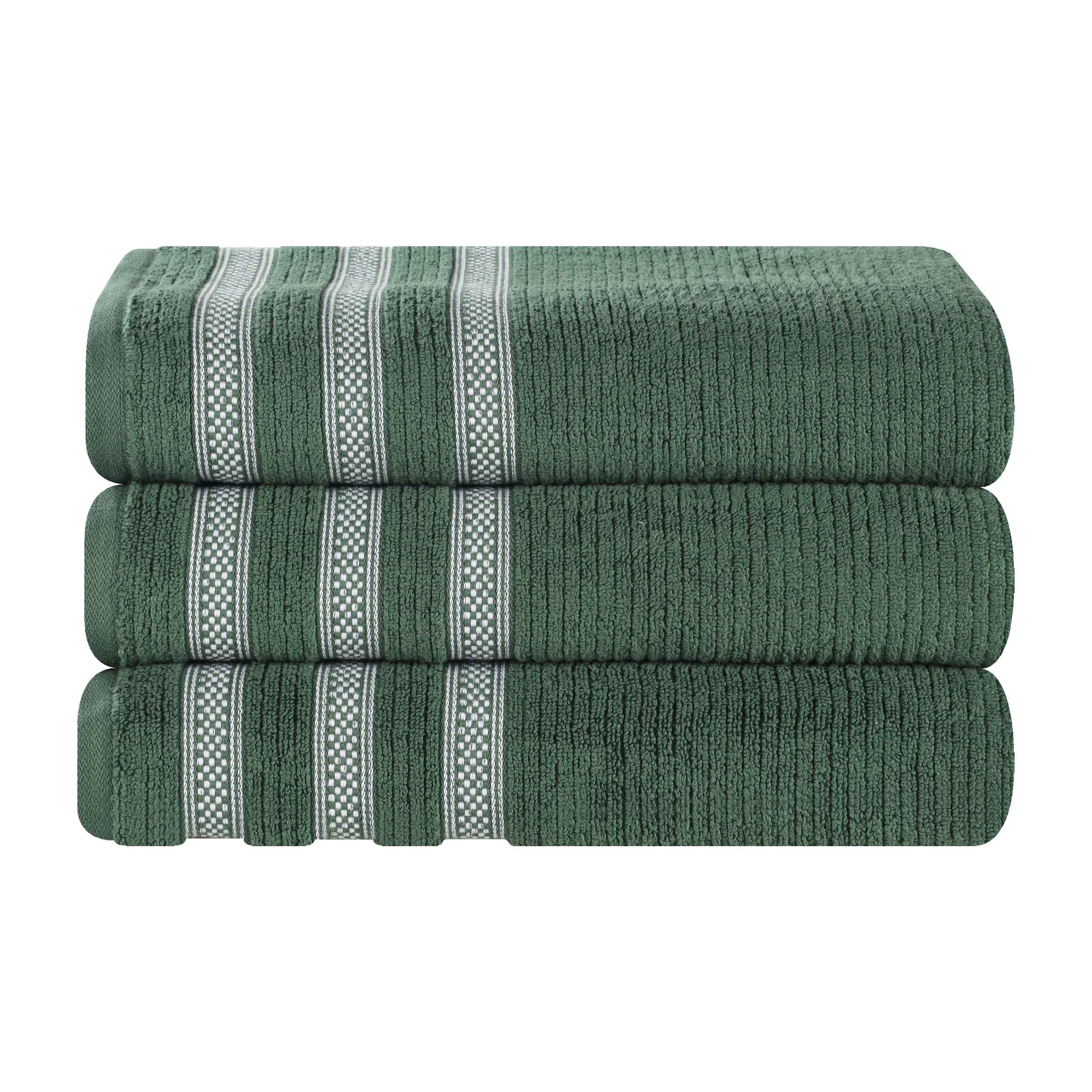 Premium Zero Twist Cotton Ribbed Geometric Border Plush Bath Towel Set of 3 - Ultra Soft & Absorbent, Luxury Spa & Bathroom Essentials for Home, Hotel, Gym