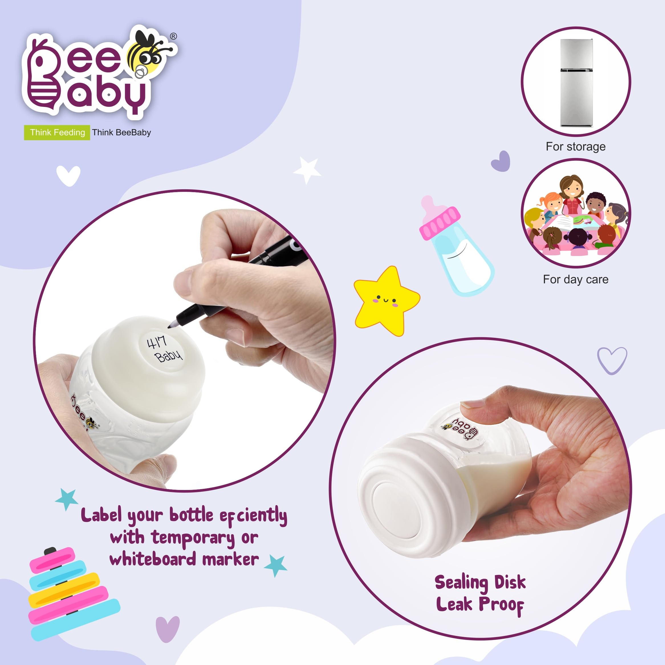 BeeBaby Pump N' Protect Breast Milk Storage Bottles - 3 Pack, BPA Free, 150ml/5oz, Fits Most Wide Neck Breast Pumps - Perfect for Pumping, Storing & Feeding On-the-Go