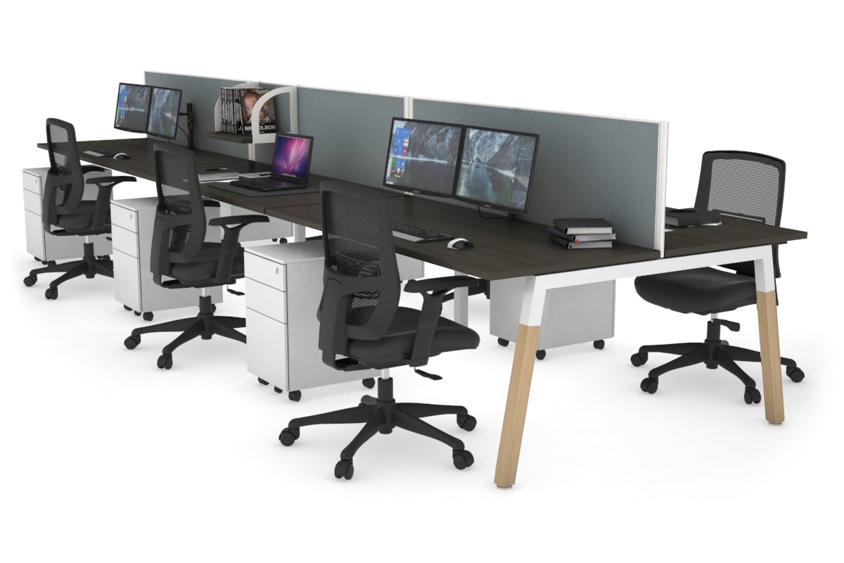 Quadro A Legs 6-Person Office Workstation with Wood Legs & Cross Beam [1600L x 700W] - Perfect for Collaborative Workspaces, Conference Rooms & Open Office Layouts