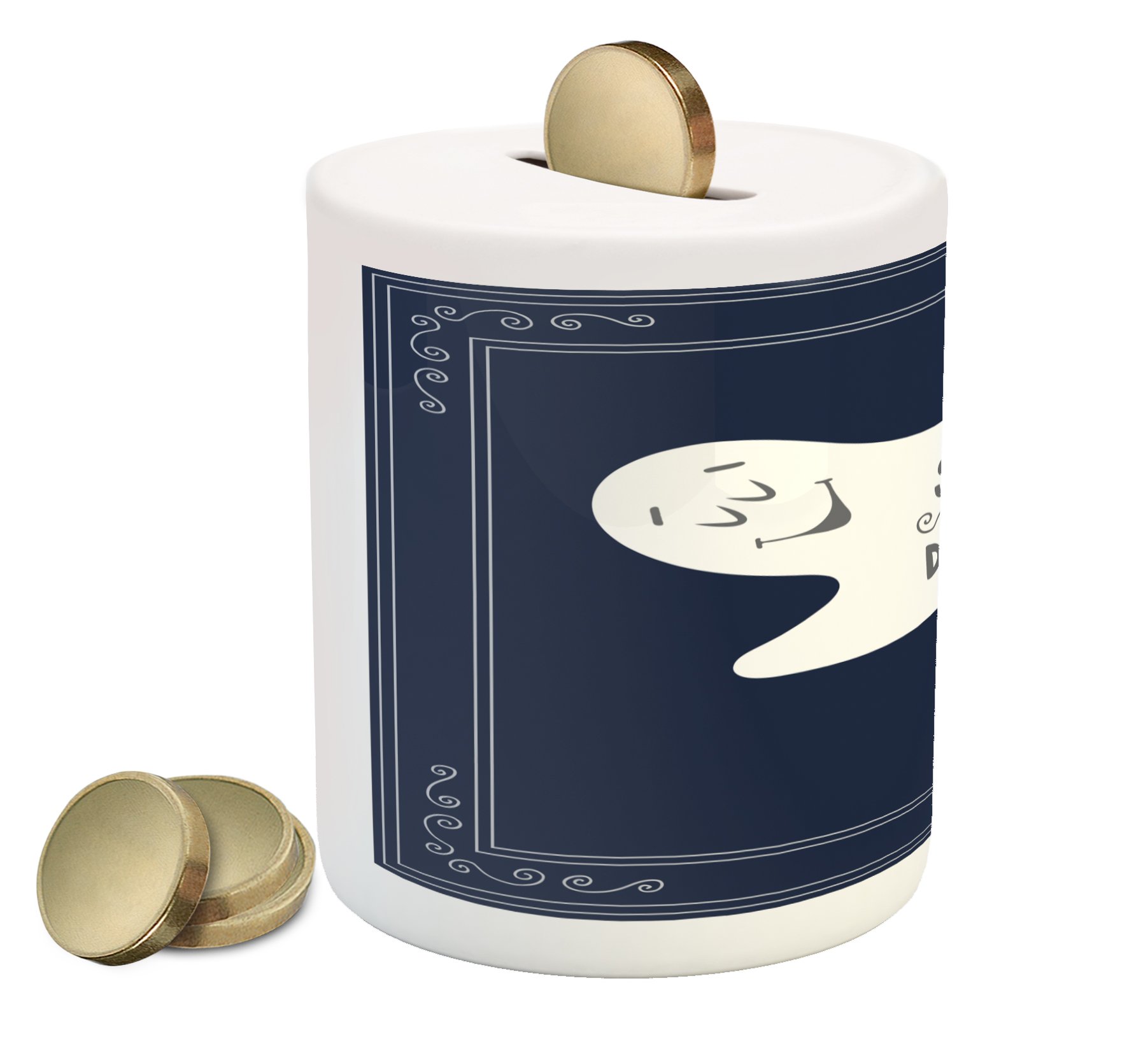 Ambesonne Ceramic Piggy Bank with Sleeping Ghost Design - Dark Blue & Grey Money Box for Cash Savings | Perfect Gift for Halloween, Home Decor, and Coin Collectors