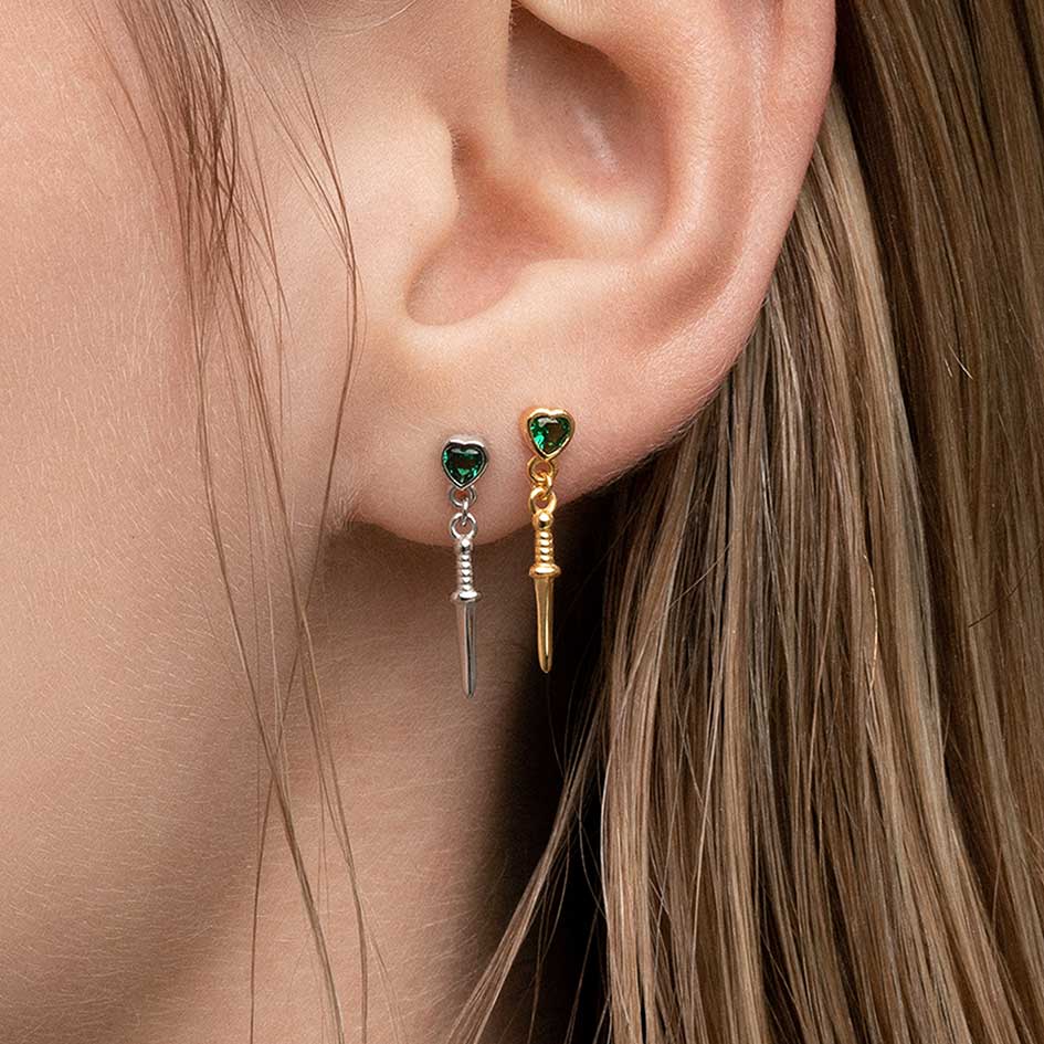 REIGN Green Heart & Dagger Drop Earrings - 14K Gold Plated Dainty Gothic Jewelry for Women, Perfect for Valentine's Day Gifts, Date Night & Punk Fashion Accessories