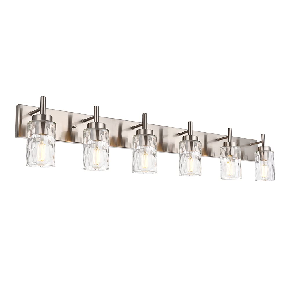 BONLICHT Mid-Century Modern Bathroom Vanity Wall Light - 6-Light Farmhouse Sconce with Clear Water Glass Shade, Brushed Nickel Finish - Perfect for Bathroom Mirror Lighting, Dining Room Wall Decor & Dressing Table Illumination