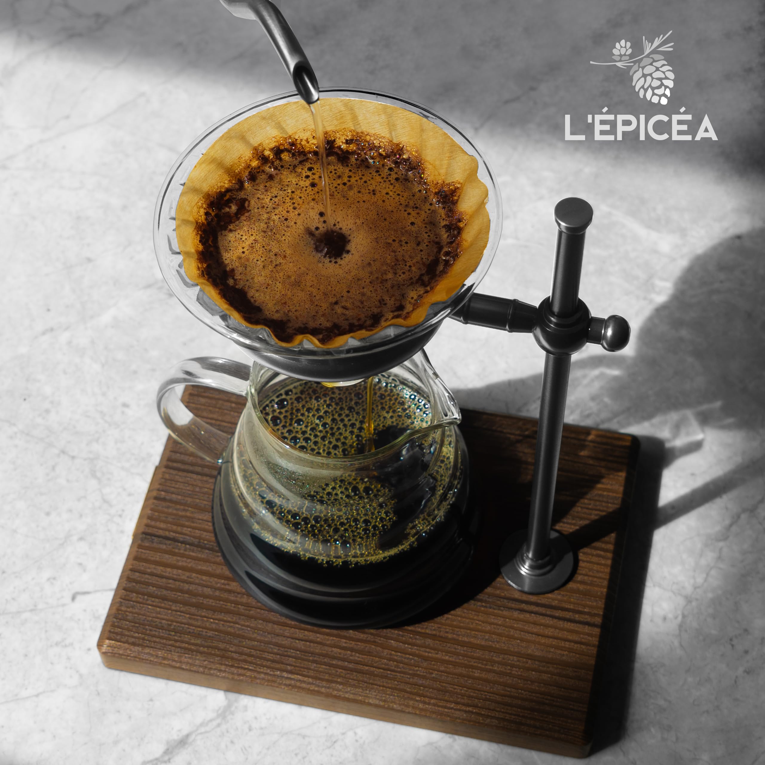 Premium Pour Over Coffee Maker Set - Stainless Steel Adjustable Stand with Wooden Base, Glass Carafe & Paper Filters | Ideal for Home Brewing, Office Use & Specialty Coffee Lovers