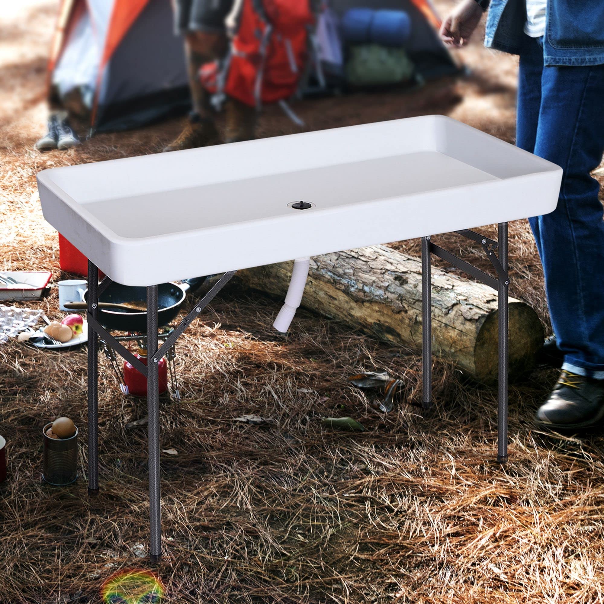 Outsunny 4FT Portable Folding Fish Cleaning Table with Sink - Lightweight Camping, Picnic & Outdoor Kitchen Prep Station for Fishing, BBQ & Party Use