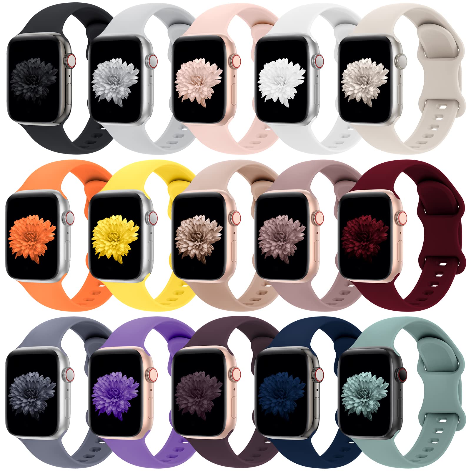 15 Pack Soft Silicone Sport Bands Compatible with Apple Watch 38mm 40mm 41mm 42mm 44mm 45mm 49mm - Replacement Wristbands for iWatch Series Ultra SE 8/7/6/5/4/3/2/1 - Perfect for Workouts, Running & Daily Wear (Men & Women)
