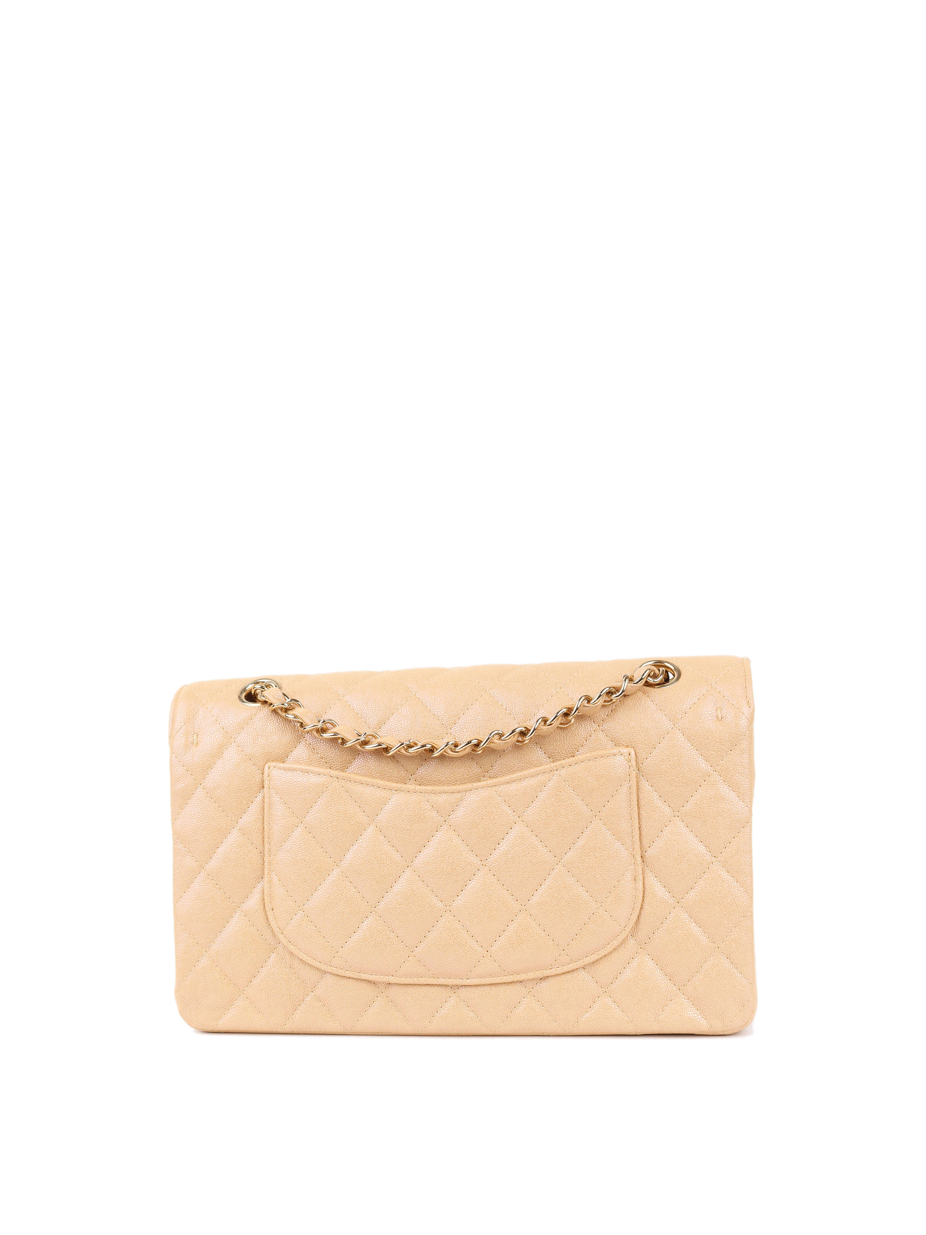 Chanel Iridescent Beige Caviar Medium Double Classic Flap Bag with Light Gold Hardware - Luxury Shoulder Bag for Women, Perfect for Parties, Weddings & Special Occasions