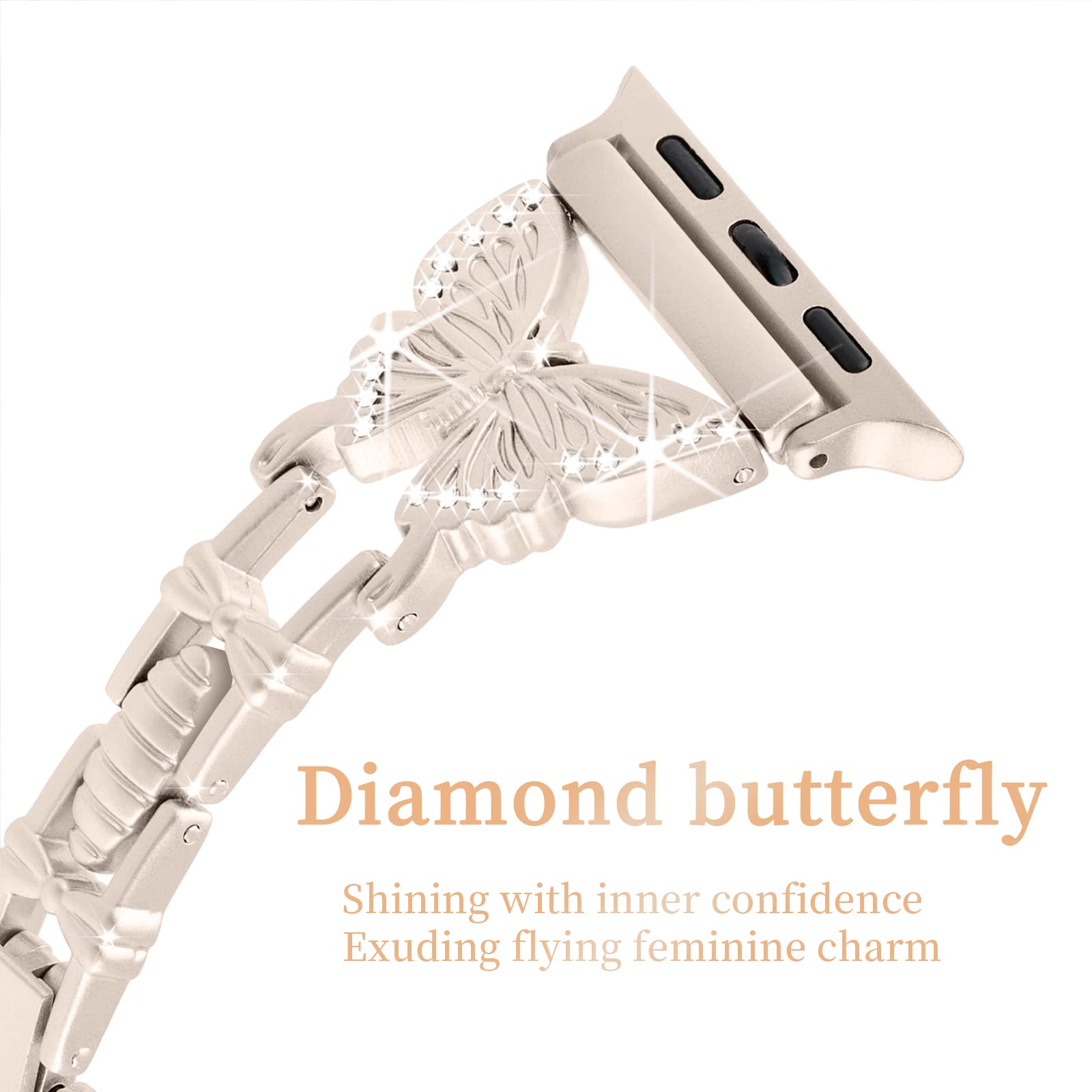 Elegant Bling Diamond Butterfly Apple Watch Band for Women - Compatible with Series 10/9/8/7/6/5/4/3/2/1/SE (49mm 46mm 45mm 44mm 42mm) - Adjustable Jewelry Metal Strap for Dressy Occasions, Parties & Daily Wear
