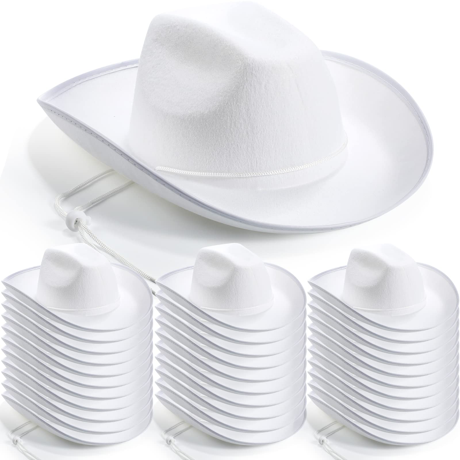 JaGely 22 Pcs White Cowboy Hat Set - Adjustable Western Cowboy Hats for Men & Women - Wide Brim Plain Cowgirl Hat with Neck Drawstring - Perfect for Costume Parties, Rodeo Events, and Western Themed Outfits