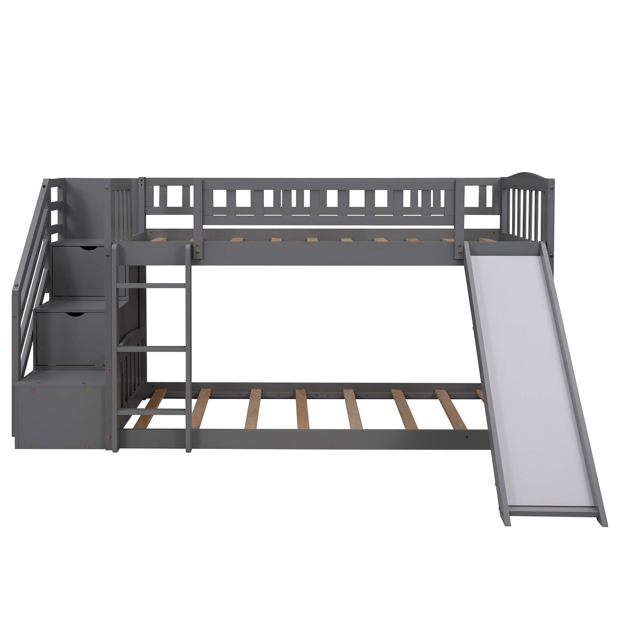 Twin Over Twin Bunk Bed with 2 Drawers, Stairway, Slide & Ladder - Space-Saving Kids Bunk Bed for Siblings, Teens & Guests - Perfect for Small Bedrooms, Vacation Homes & Dorm Rooms