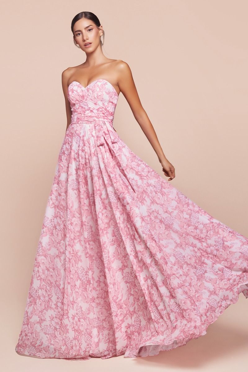 Elegant Strapless A-Line Floral Chiffon Dress - CASSIE GOWN in Rose | Perfect for Weddings, Parties & Special Occasions