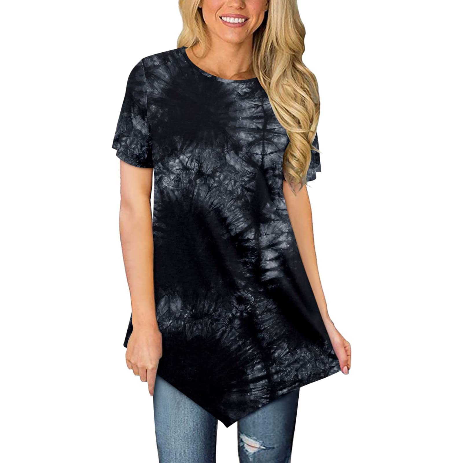 Women's Floral Print Short Sleeve Tunic Top - Classic Summer Blouse with Flowy Irregular Hem for Work & Casual Wear | Perfect for Office, Date Night & Weekend Outings