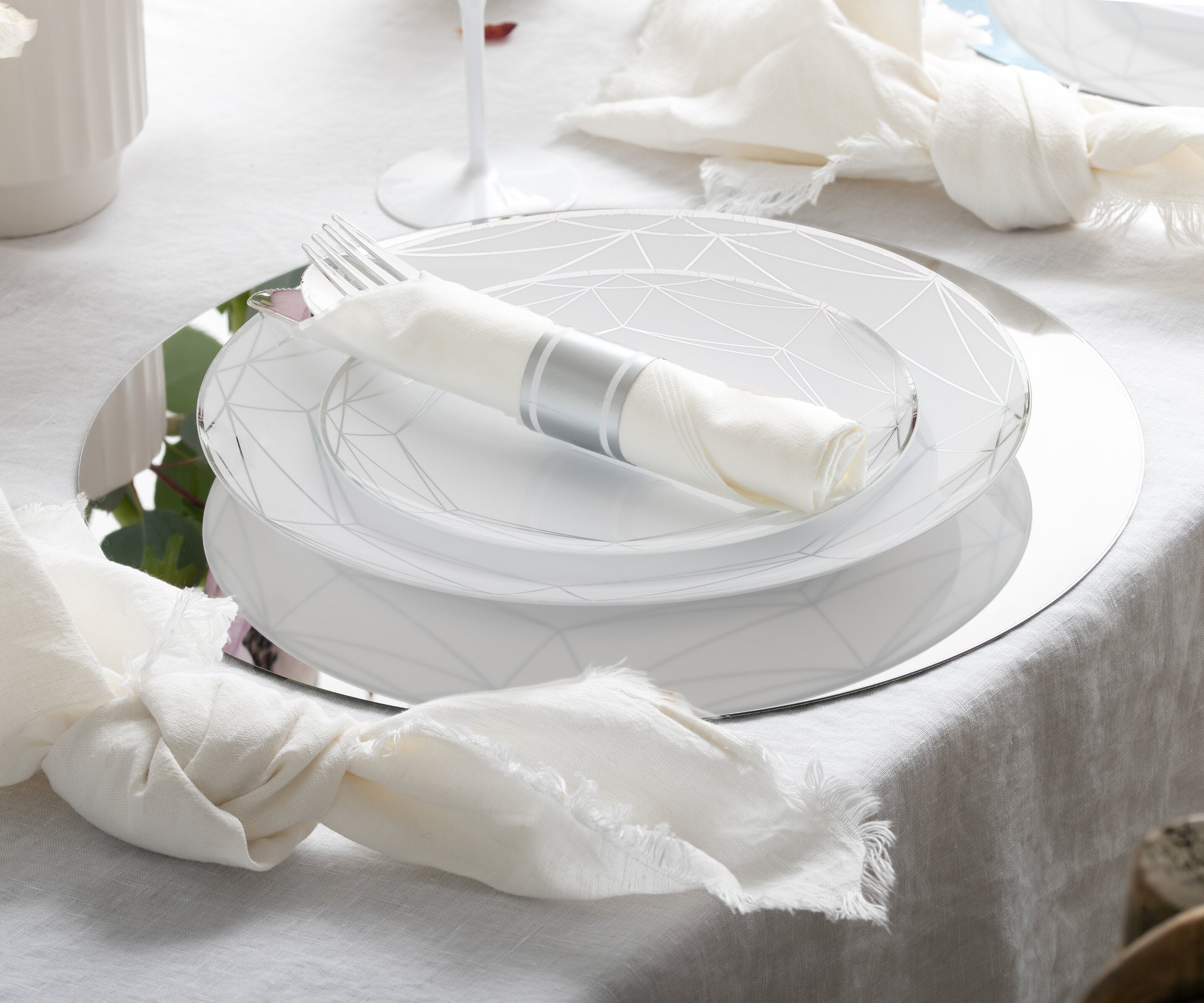 Premium Silver Disposable Plastic Cutlery Set - 10-Piece White Napkin Roll Bundle for Parties, Picnics & Catering Events | Elegant Tableware for Weddings, BBQs & Office Luncheons