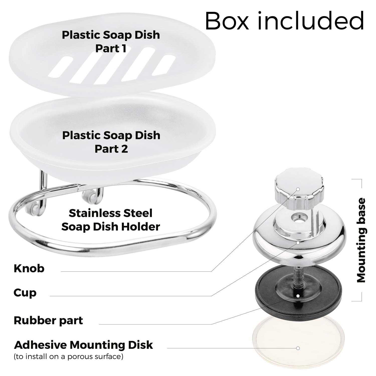 Hasko Stainless Steel Vacuum Suction Cup Soap Dish Holder - Strong Bathroom & Kitchen Sponge Caddy - Mounts on Any Smooth Surface (Chrome) - Perfect for Showers, Sinks, and Countertop Organization