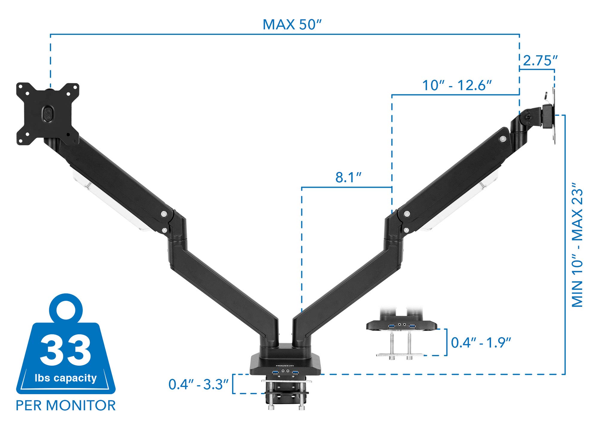 MOUNT-IT! Heavy Duty Dual Monitor Desk Mount Stand with USB 3.0 Ports - 33 lbs Capacity Per Arm, Adjustable Gas Spring, Full Motion Articulating Arms for Computer Screens (17-35 inch VESA Compatible) - Perfect for Home Office, Gaming Setup & Workspace Ergonomics