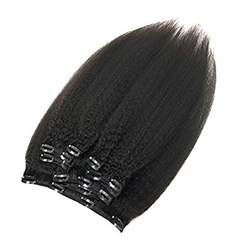 Kinky Straight Clip-in Hair Extensions - 100% Brazilian Remy Human Hair, 28 Inch 100g, Darkest Brown - Coarse Italian Yaki Texture for Black Women - Full Head Weave for Natural Look | Perfect for Parties, Weddings & Daily Styling