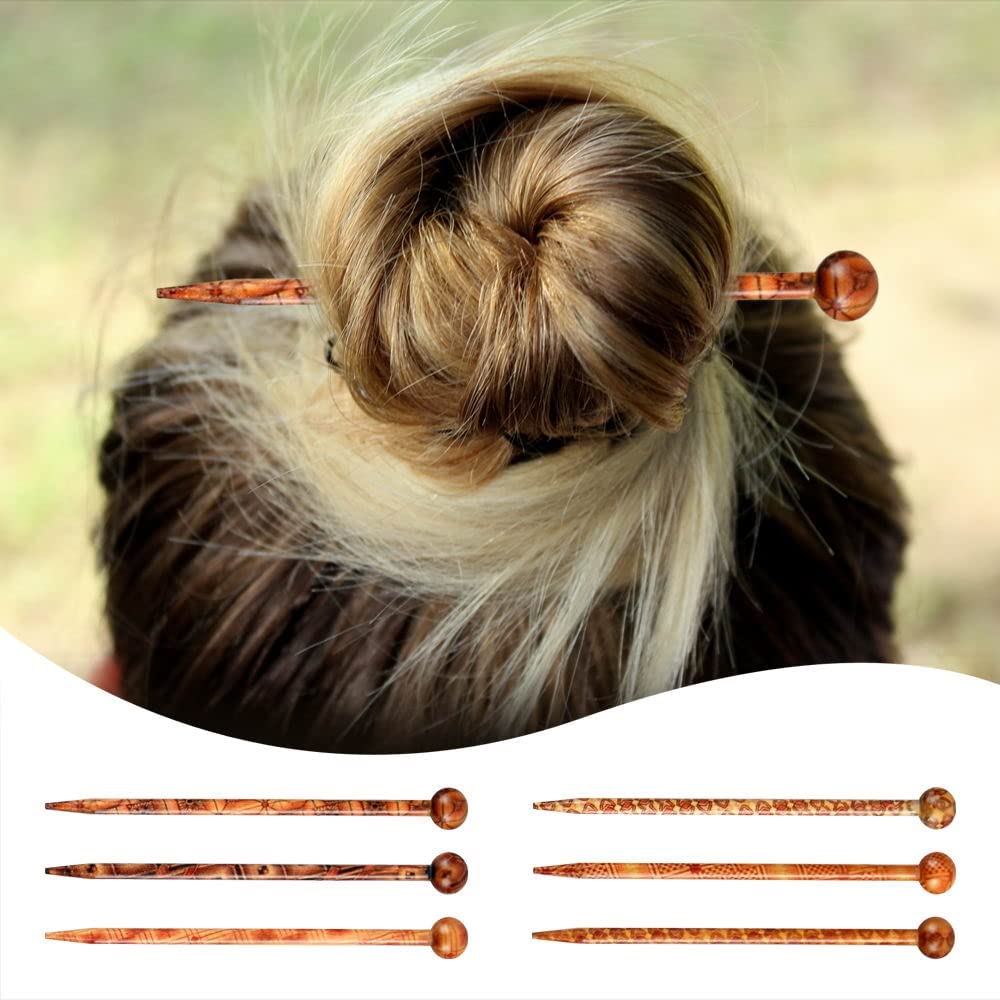 6 Pack Boho Vintage Wooden Hair Sticks - 5.1