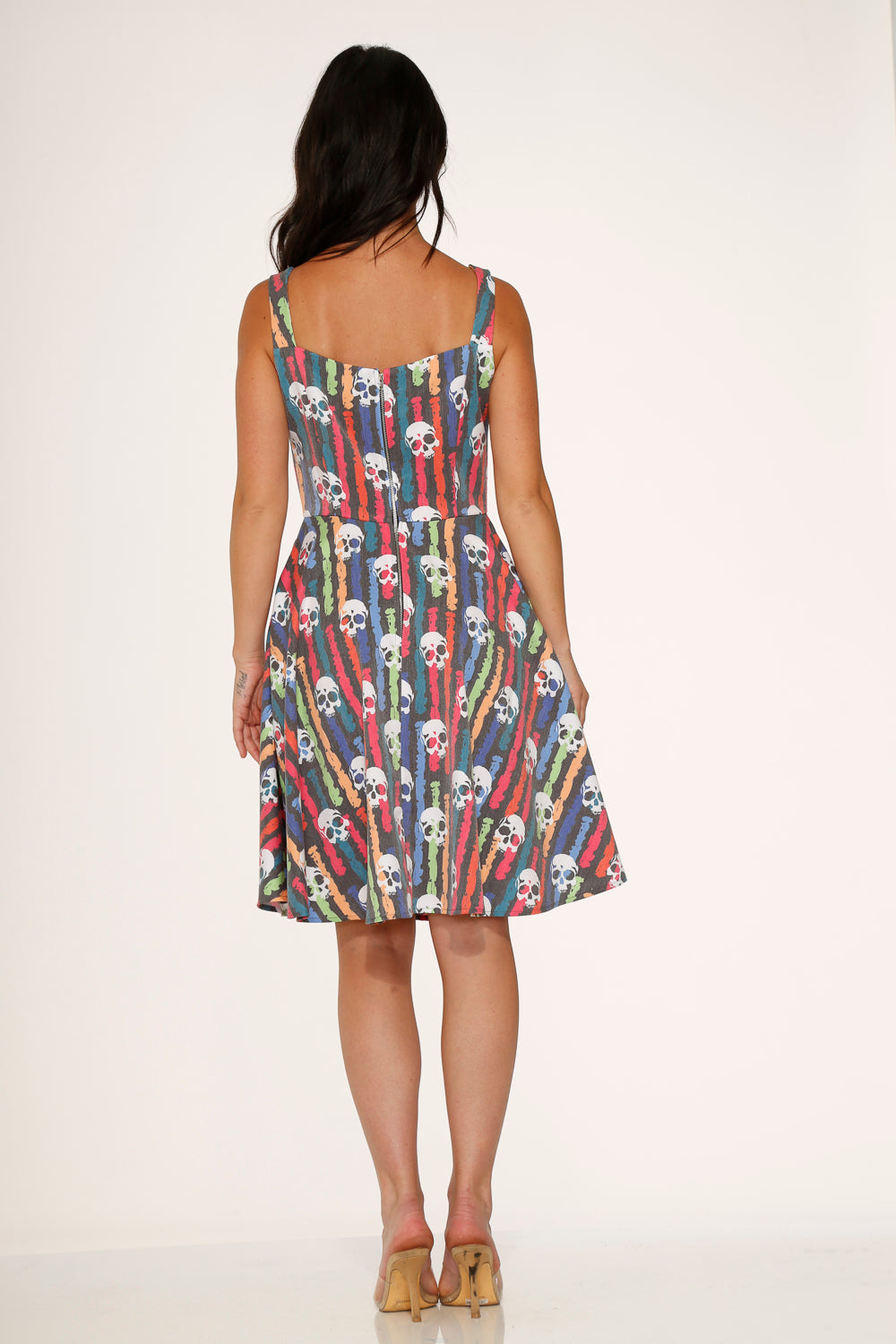 Black Skulls Rainbow Swing Dress - Gothic Aesthetic Flowy Party Dress for Women | Perfect for Halloween, Concerts & Night Out