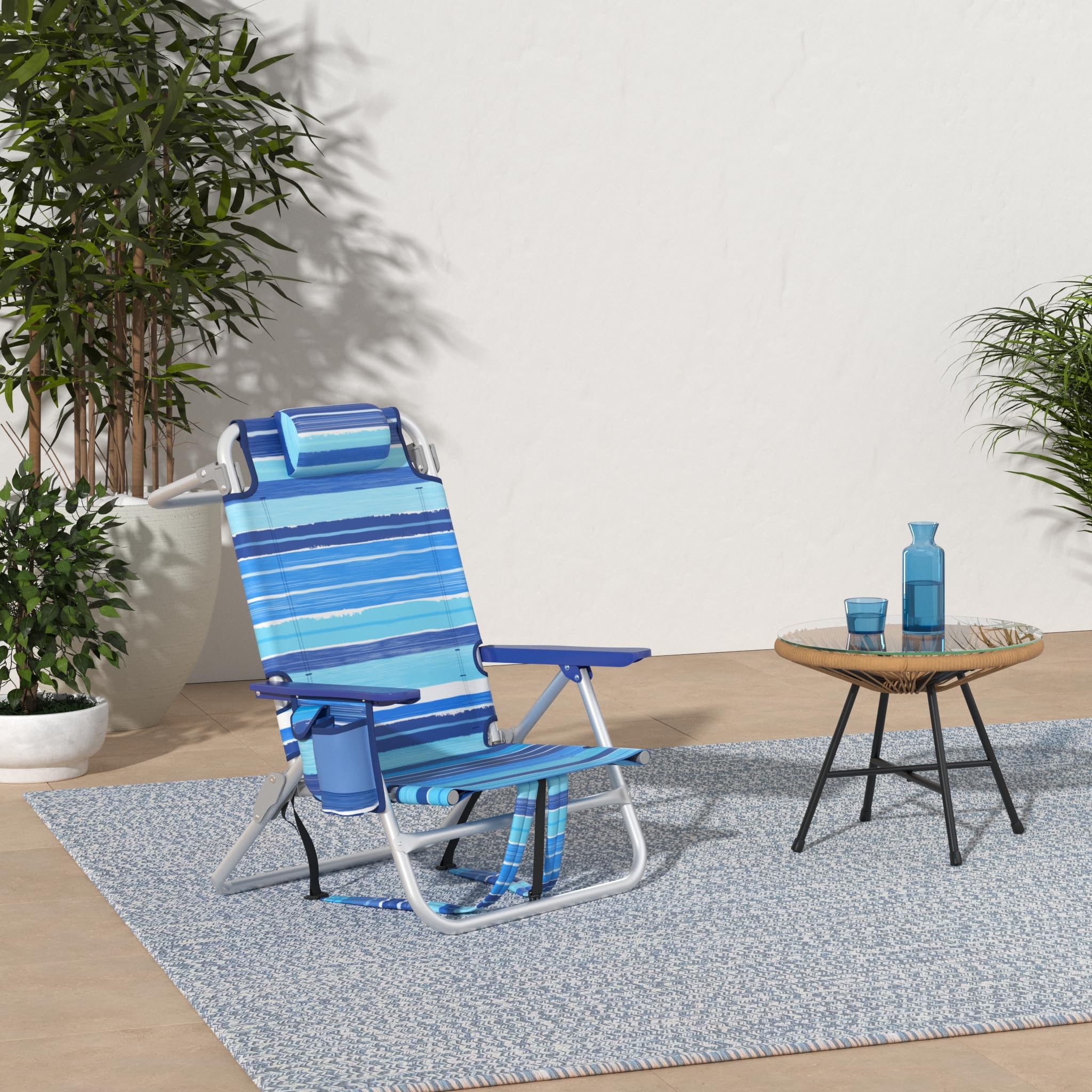 **LEMBERI Heavy Duty Folding Beach Chair for Adults - Adjustable High Back Camping Chair with Large Pockets, Cup Holder & Towel Rack - Portable for Outdoor, Travel, Picnics & Beach Lounging (2-Pack, Blue)**