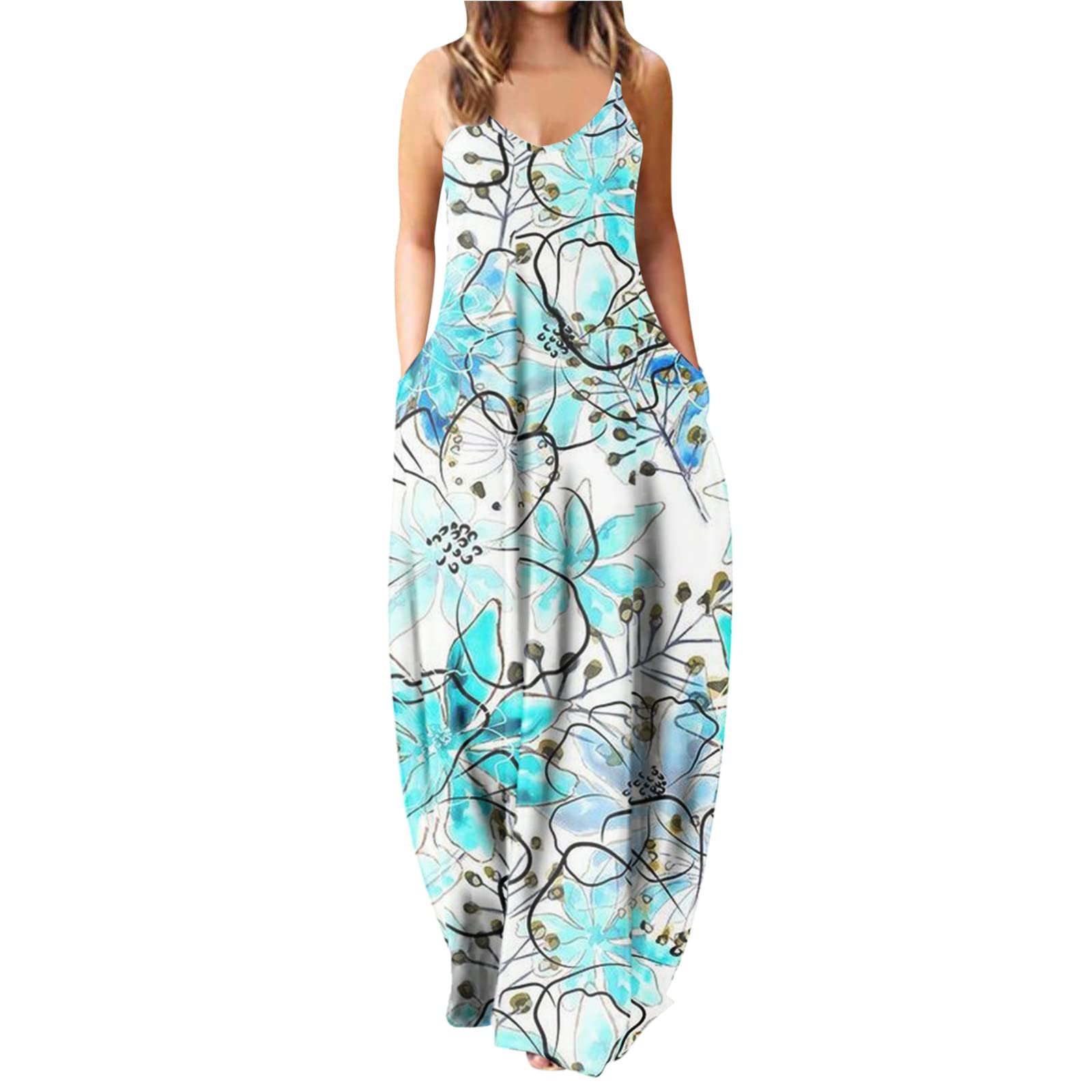 Plus Size Summer Maxi Dress for Women - Loose Flowy Sundress with Pockets, Light Blue Beach Print Dress (XXL) | Perfect for Beach Vacations, Pool Parties & Casual Summer Outings