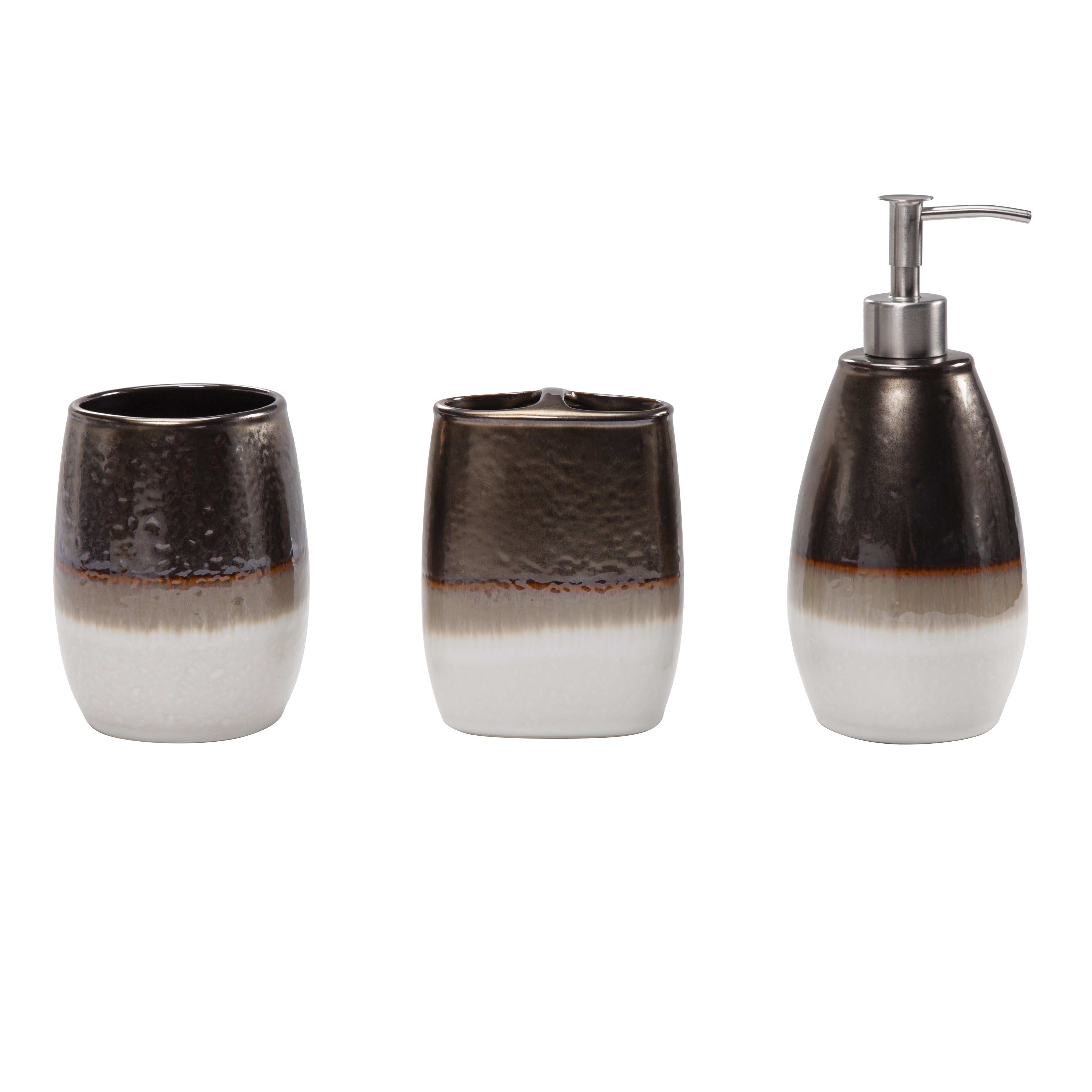 Elegant Gilded Stoneware 3-Piece Bathroom Set - Countertop Organizer for Soap Dispenser, Toothbrush Holder & Tumbler | Perfect for Modern Bathrooms, Guest Suites & Spa Decor