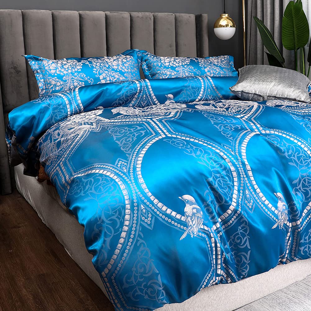 VCTOPS Luxury 3-Piece Jacquard Duvet Cover Set - King Size Soft Satin Silky Bedding Comforter Cover with Zipper Closure & Pillowcases - Blue - Perfect for Master Bedroom, Guest Room & Hotel Decor