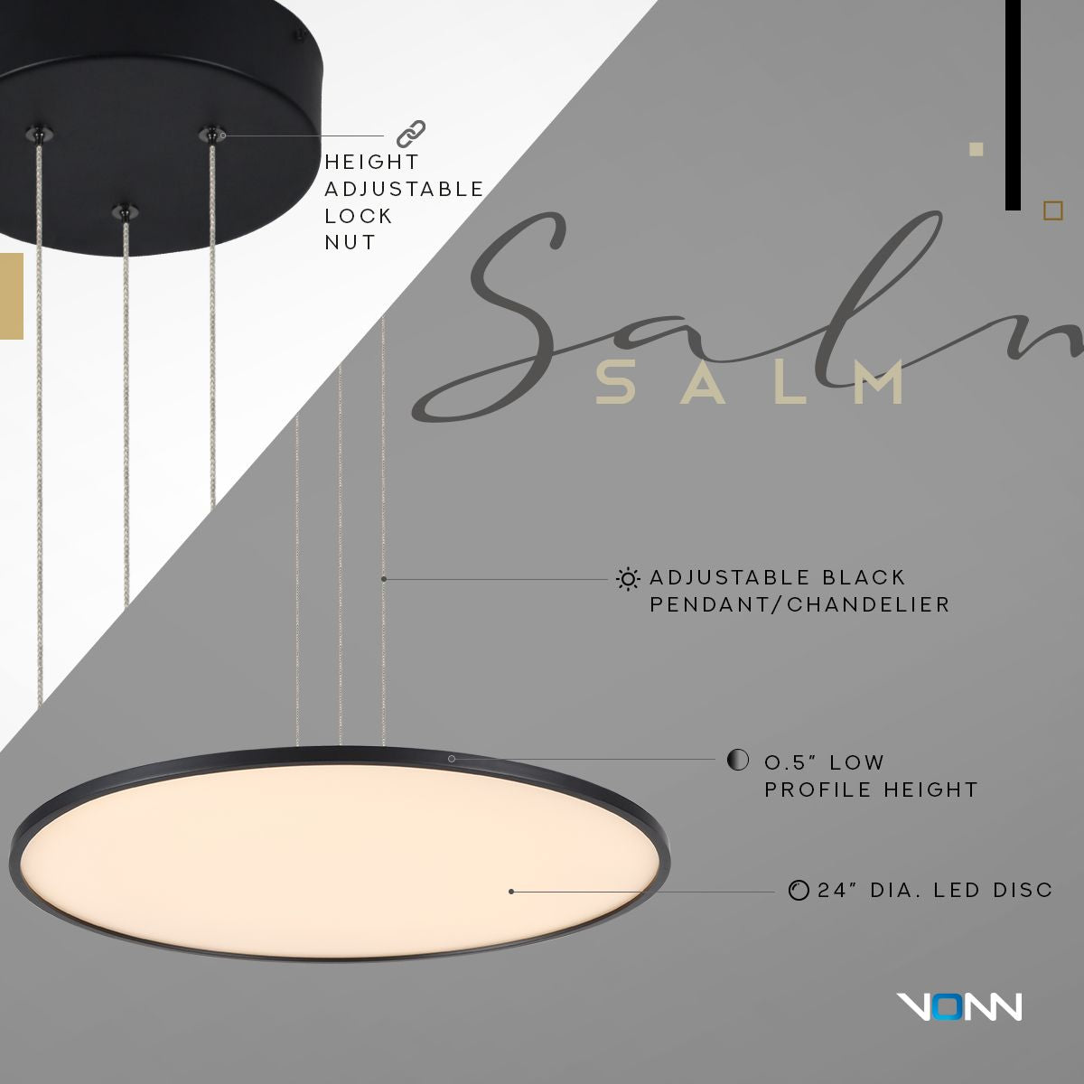 VONN Salm 24 Inch Black LED Disc Chandelier - Modern Ceiling Light Fixture for Dining Room, Bedroom, or Living Room Decor
