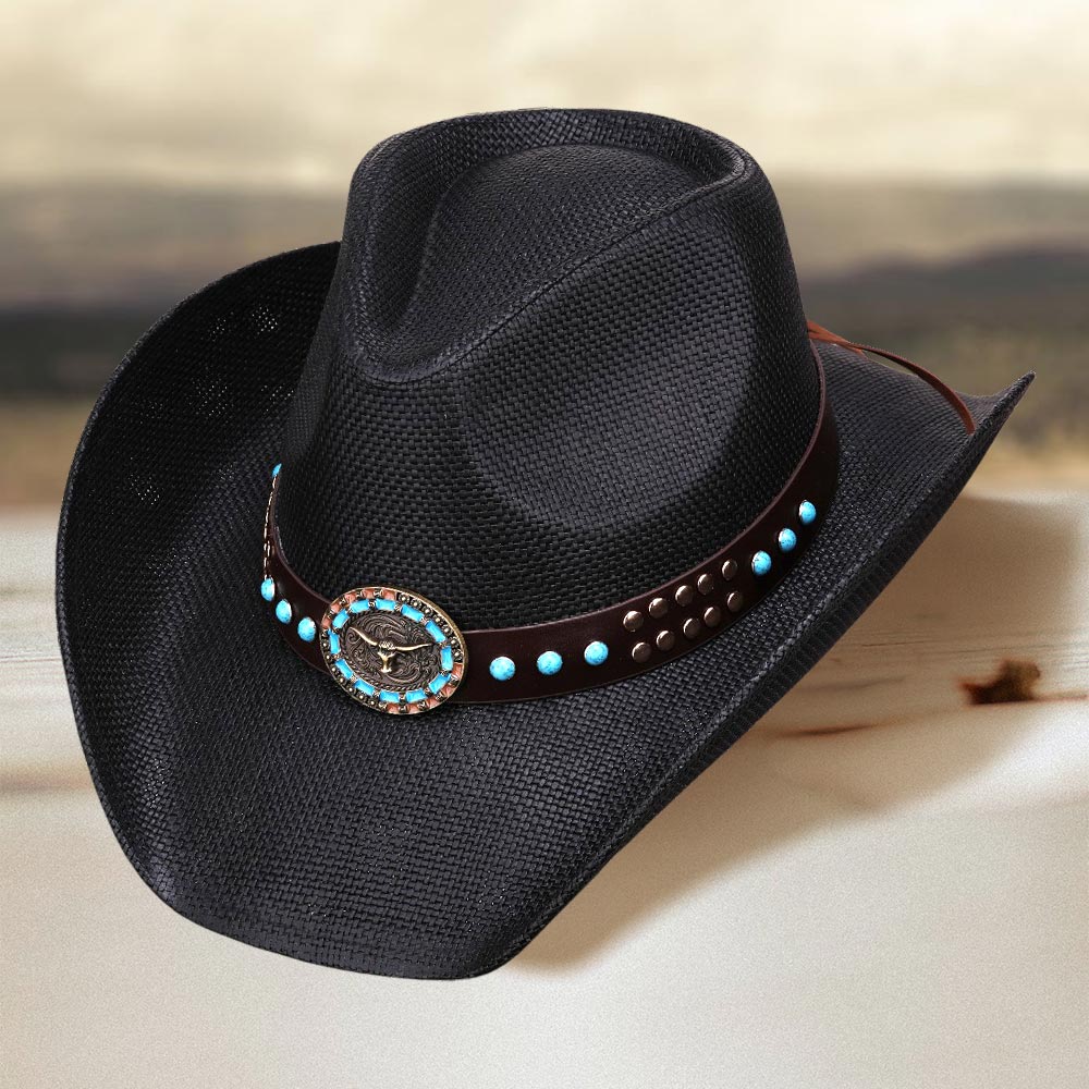 Turquoise Stone Embellished Metal Steer Head Studded Black Western Straw Cowboy Fedora Hat for Men & Women - Western Rodeo Party, Country Music Festival, Halloween Costume Accessory