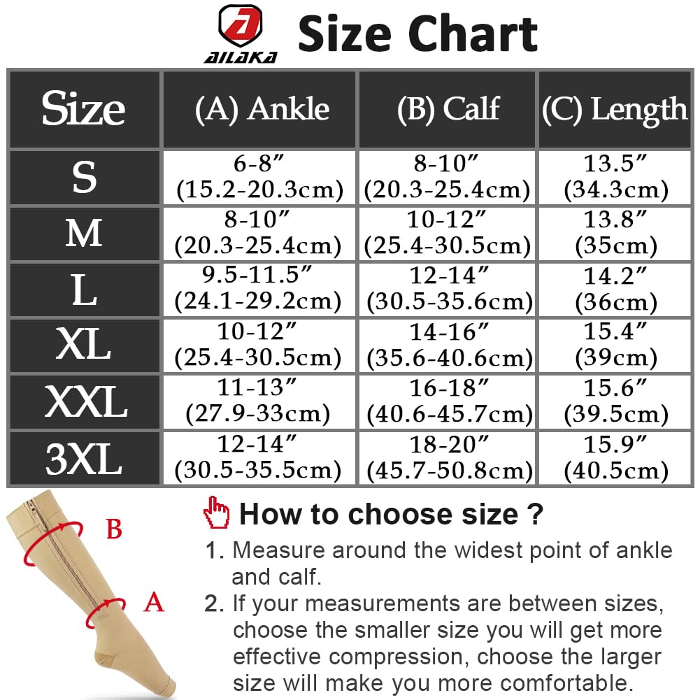 Ailaka Medical Compression Socks with Zipper - 15-20 mmHg Knee High Support Socks for Women & Men - Open Toe for Varicose Veins, Edema, Pregnancy & Nurse Recovery - Ideal for Hospital Work, Travel & Post-Surgery Comfort