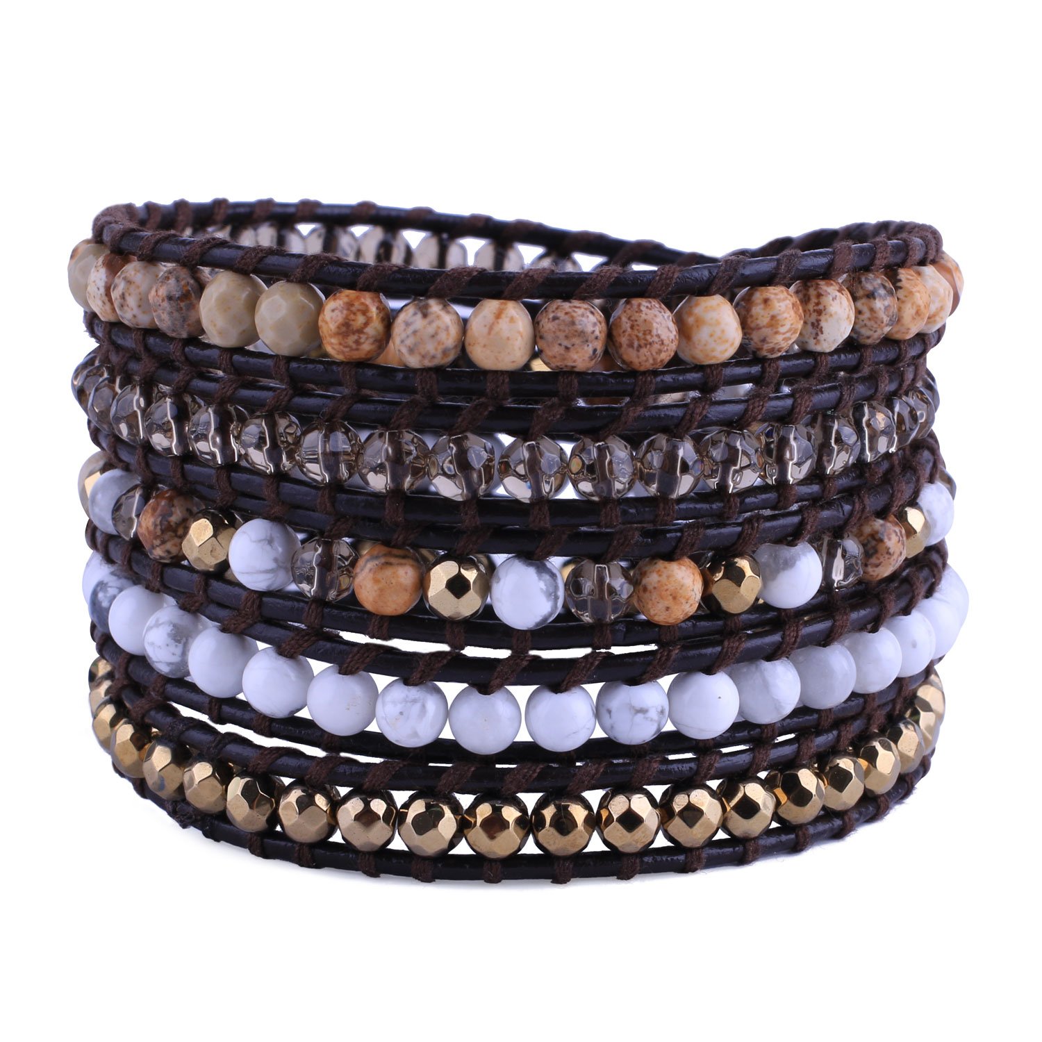 KELITCH Women's Crystal Agate Beaded Wrap Bracelet - 5 Layer Handmade Leather Bracelet with Miyuki Beads for Boho Chic Style | Perfect for Festival, Party & Everyday Wear