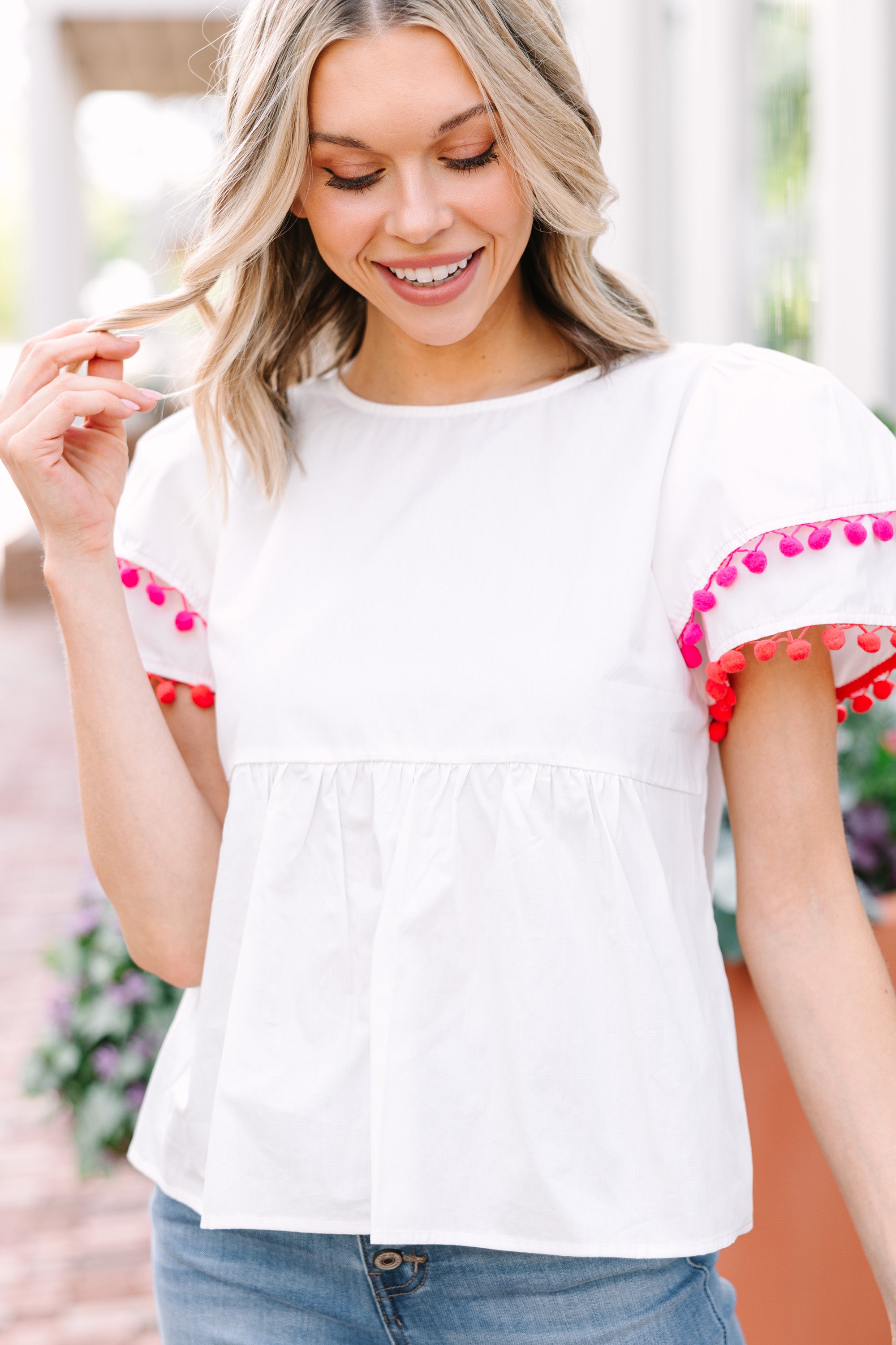 Festive Flare White Pompom Top - Women's Elegant Christmas Party Blouse for Holiday Gatherings & Special Occasions