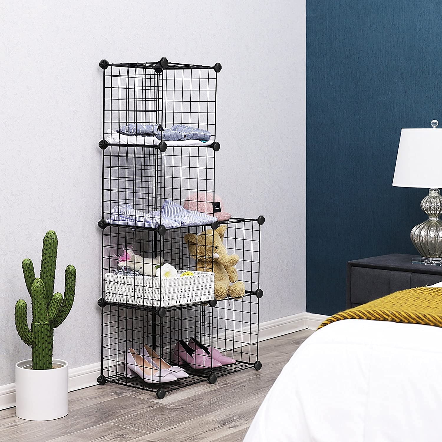 Safeplus DIY Wire Cube Storage Shelves - 6-Cube Stackable Bookcase, Closet Organizer & Grid Shelf for Home, Office, Dorm | Black | Perfect for Books, Toys, Clothes & Home Organization