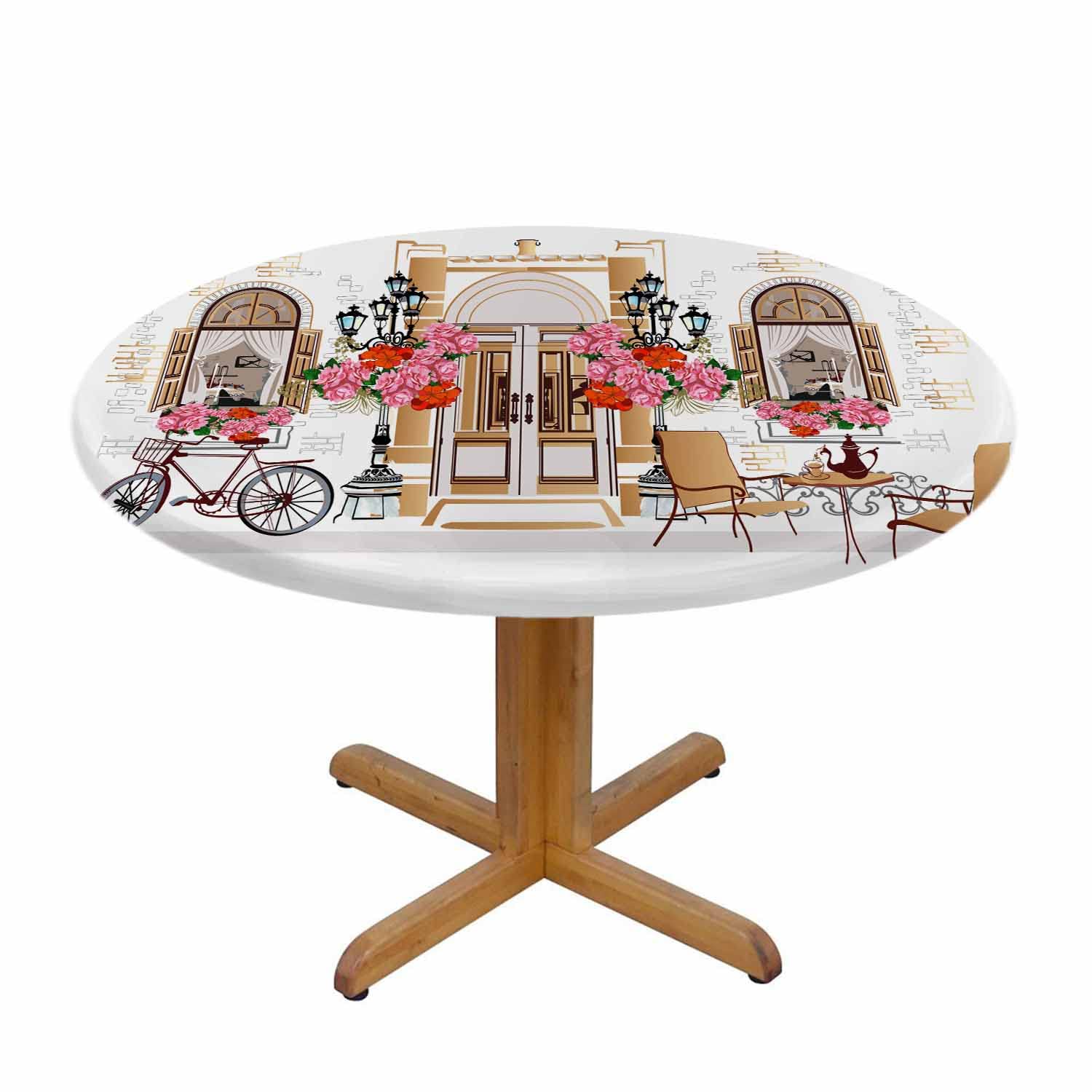 Beabes Vintage Floral Round Tablecloth 48 Inch - London House Rose Flower Bike Design, Washable Polyester Table Cover for Kitchen, Dining, Home Decor & Parties | Perfect for Coffee Shops, Tea Time, and Outdoor Gatherings