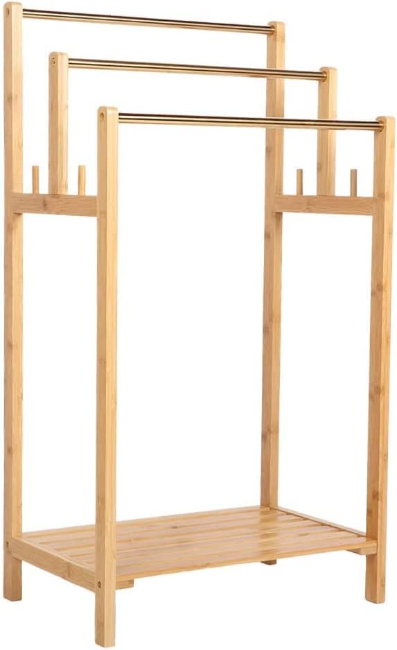Wooden Freestanding Multi-Tier Towel Rack Stand with Shelf - Bathroom, Bedroom, Gym & Kitchen Towel Holder - Space-Saving Ladder Design for Hand Towels, Blankets & Robes (Model A35)