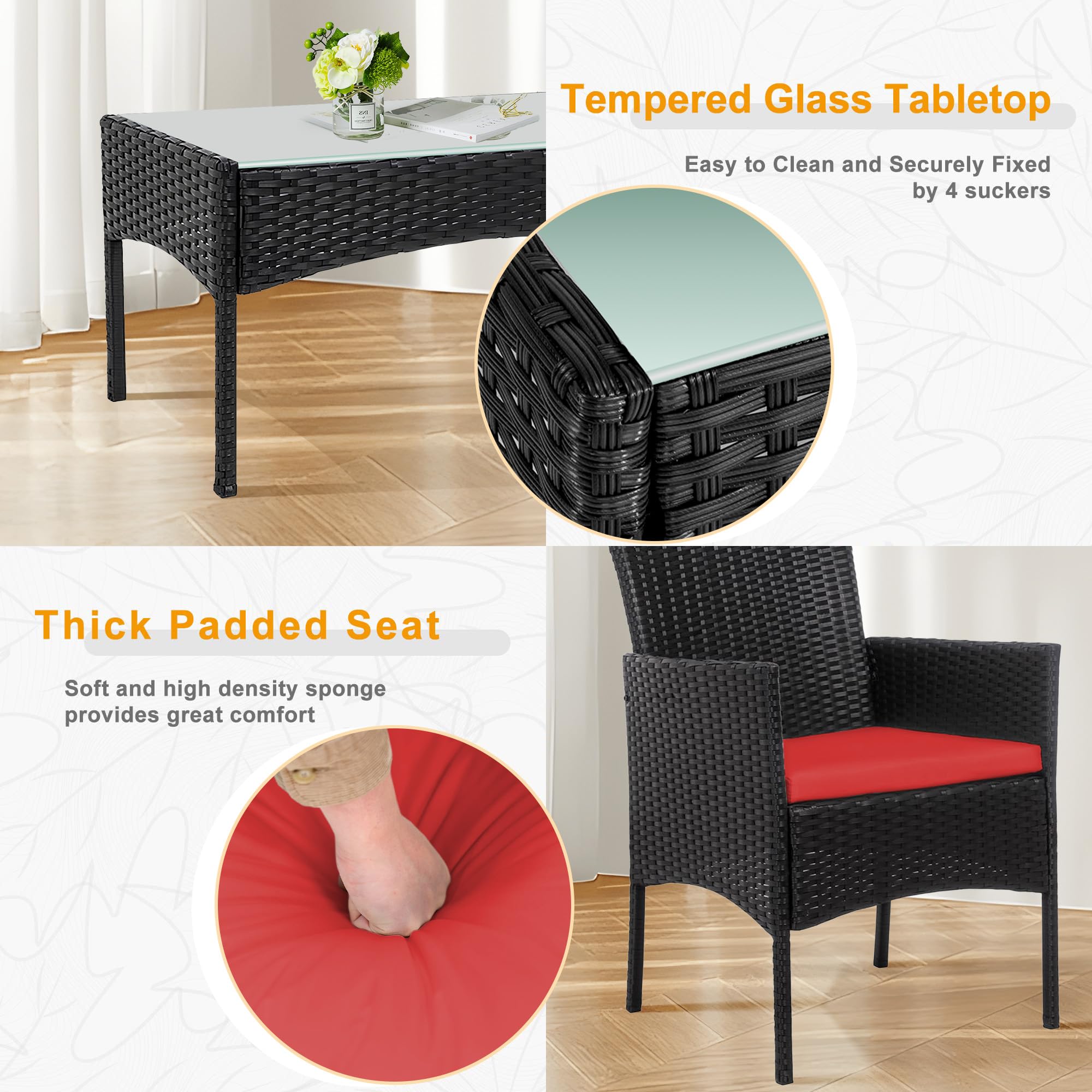 PROHIKER 4-Piece Outdoor Wicker Patio Furniture Set with Cushions & Glass Table - Rattan Sofa & Chairs for Garden, Poolside, Backyard or Yard - Black/Red - Perfect for Relaxing, Entertaining & Outdoor Dining