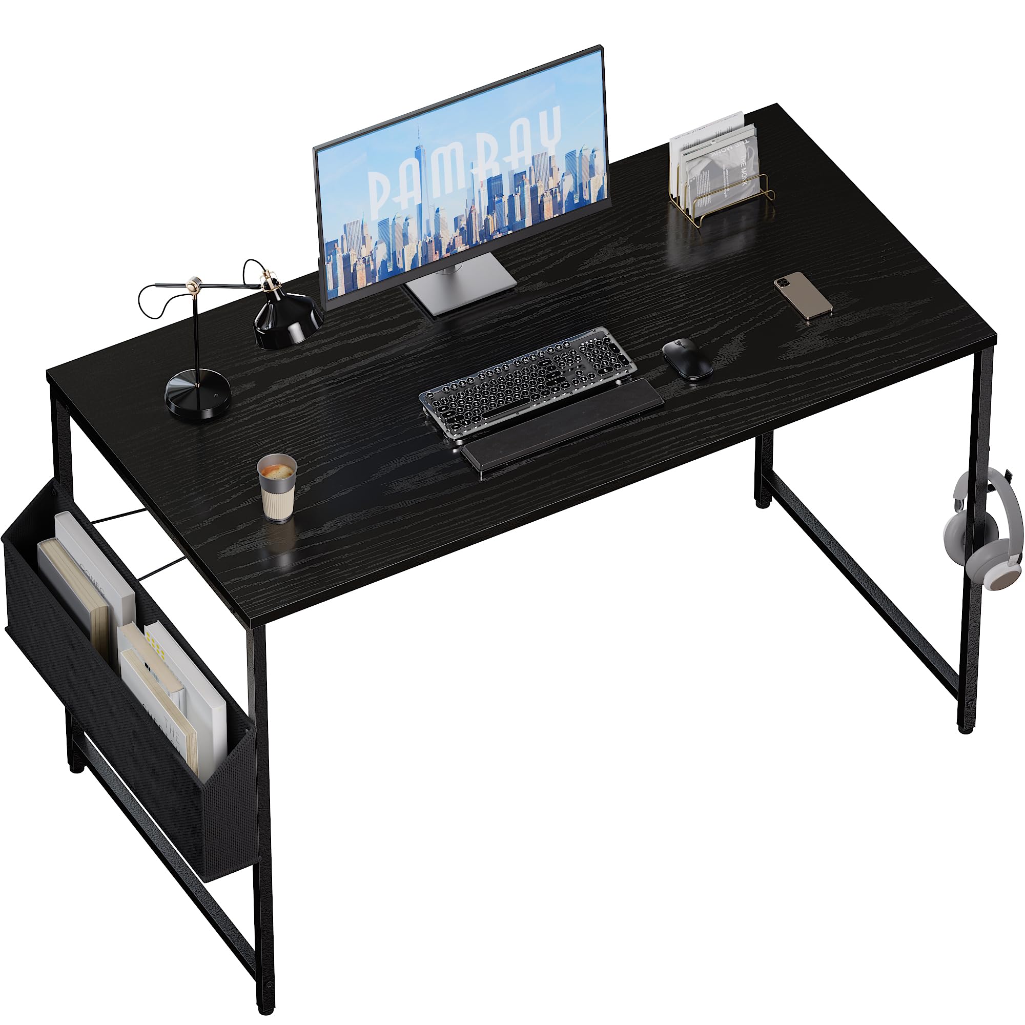 Pamray 47 Inch Small Space Computer Desk with Storage Bag & Headphone Hook - Compact Home Office Desk for Study, Writing & Work - Perfect for Apartments, Dorms & Small Spaces
