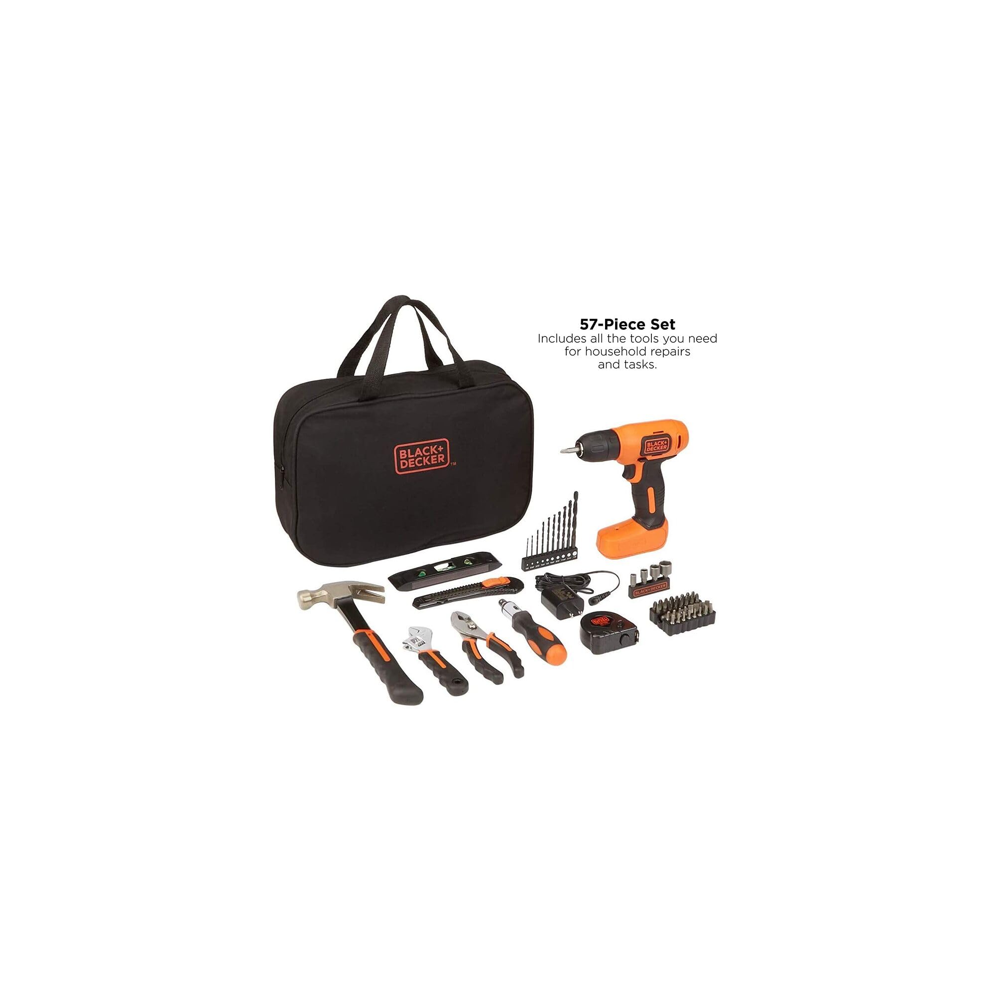 BLACK+DECKER 8V MAX Cordless Drill & 57-Piece Household Tool Kit with Storage Bag (BDCD8PK) - Perfect for DIY Home Repairs, Furniture Assembly & Small Projects