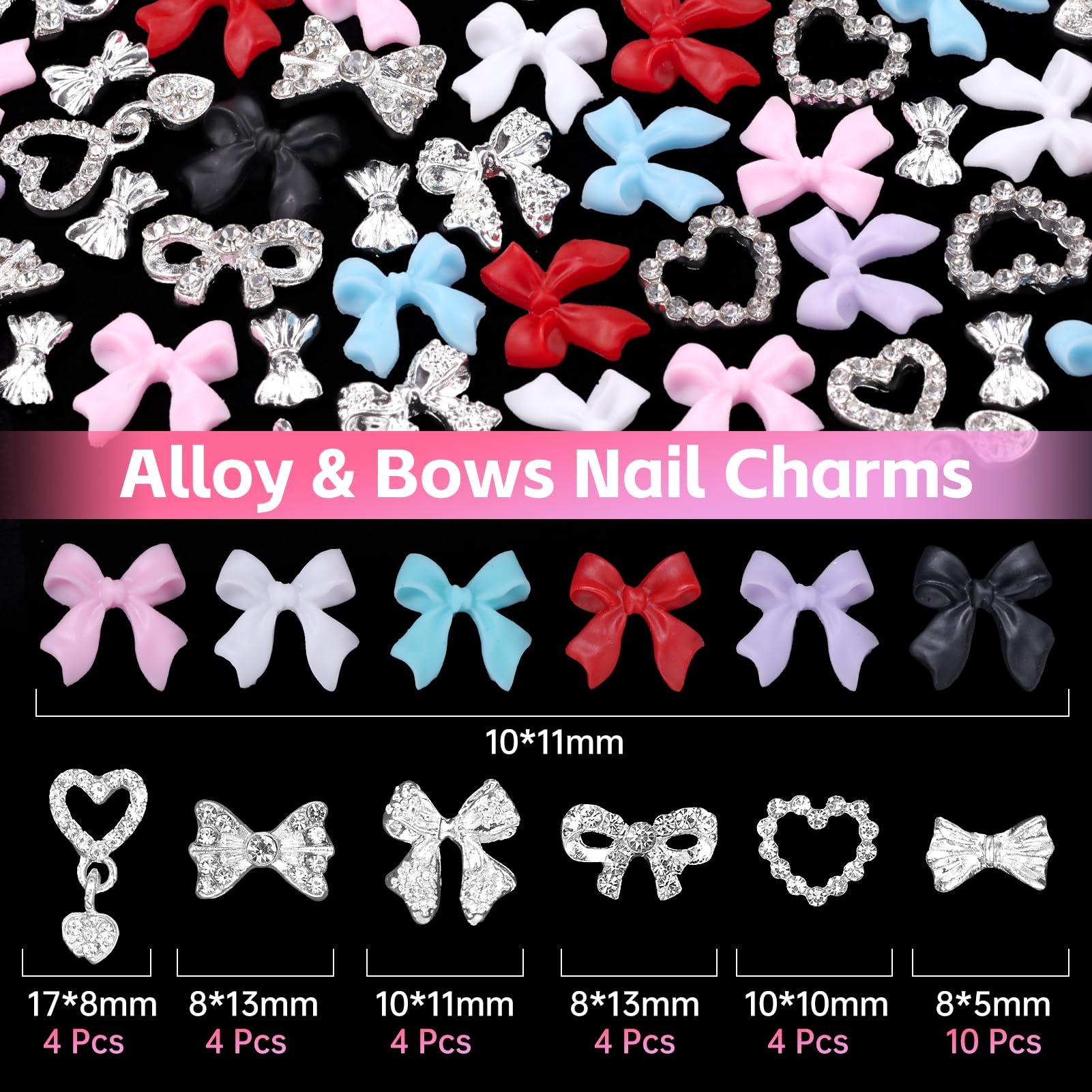 3D Bow Nail Charms - Silver Alloy Heart Dangle Gems for DIY Nail Art
