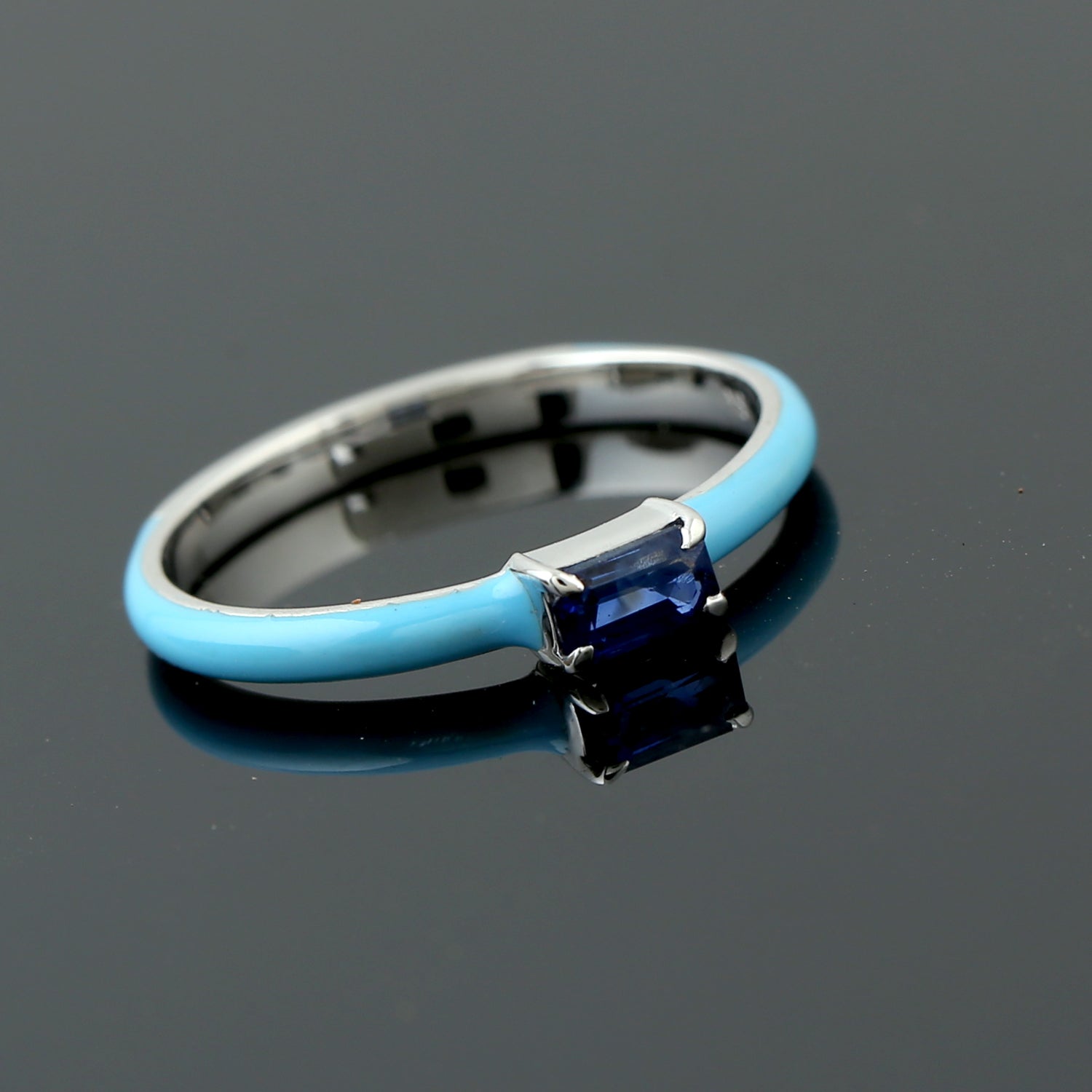 18K White Gold Blue Sapphire Baguette Ring with Enamel Band - Elegant Jewelry for Weddings, Anniversaries & Special Occasions